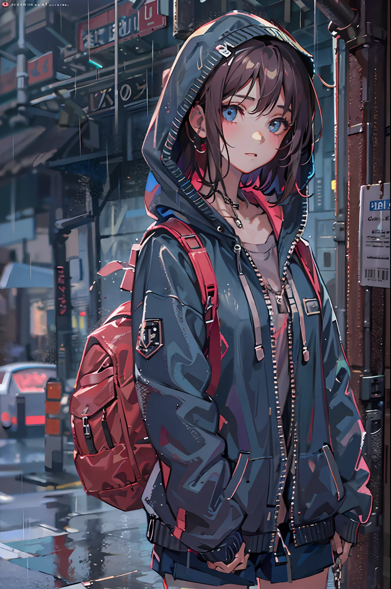 1girl, jacket, rain, outdoor, hoodie, open jacket, chain, backpack, looking at another, messy hair, trending on artstation, 8k resolution, highly detailed, anatomically correct, sharp image, digital painting, concept art, trending on pixiv, style of makoto shinkai,