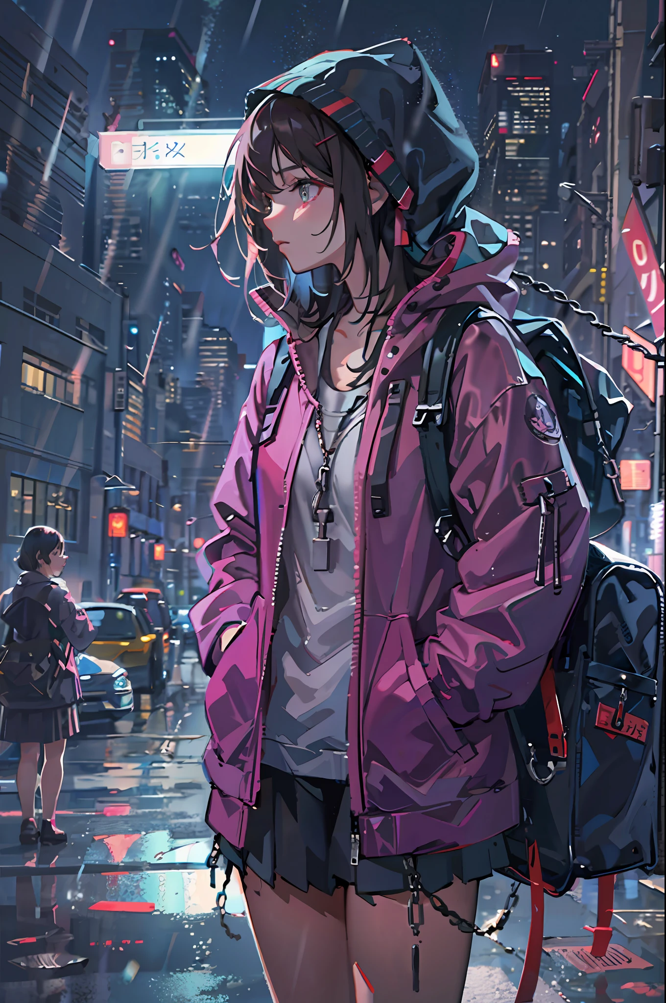 1girl, jacket, rain, outdoor, hoodie, open jacket, chain, backpack, looking at another, messy hair, trending on artstation, 8k resolution, highly detailed, anatomically correct, sharp image, digital painting, concept art, trending on pixiv, style of makoto shinkai,