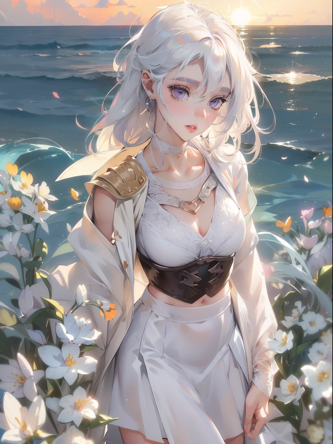 Realistic, 1girl, white hair, purple eyes, glowing eyes, cropped top, skirt, parted lips, blush, night, flowers, sun, sunlight, white skirt, short skirt, medium length hair, real, warm colors, white short Dress, white clothes, light background color, day environment, bright color background, saudi, ocean, cute,