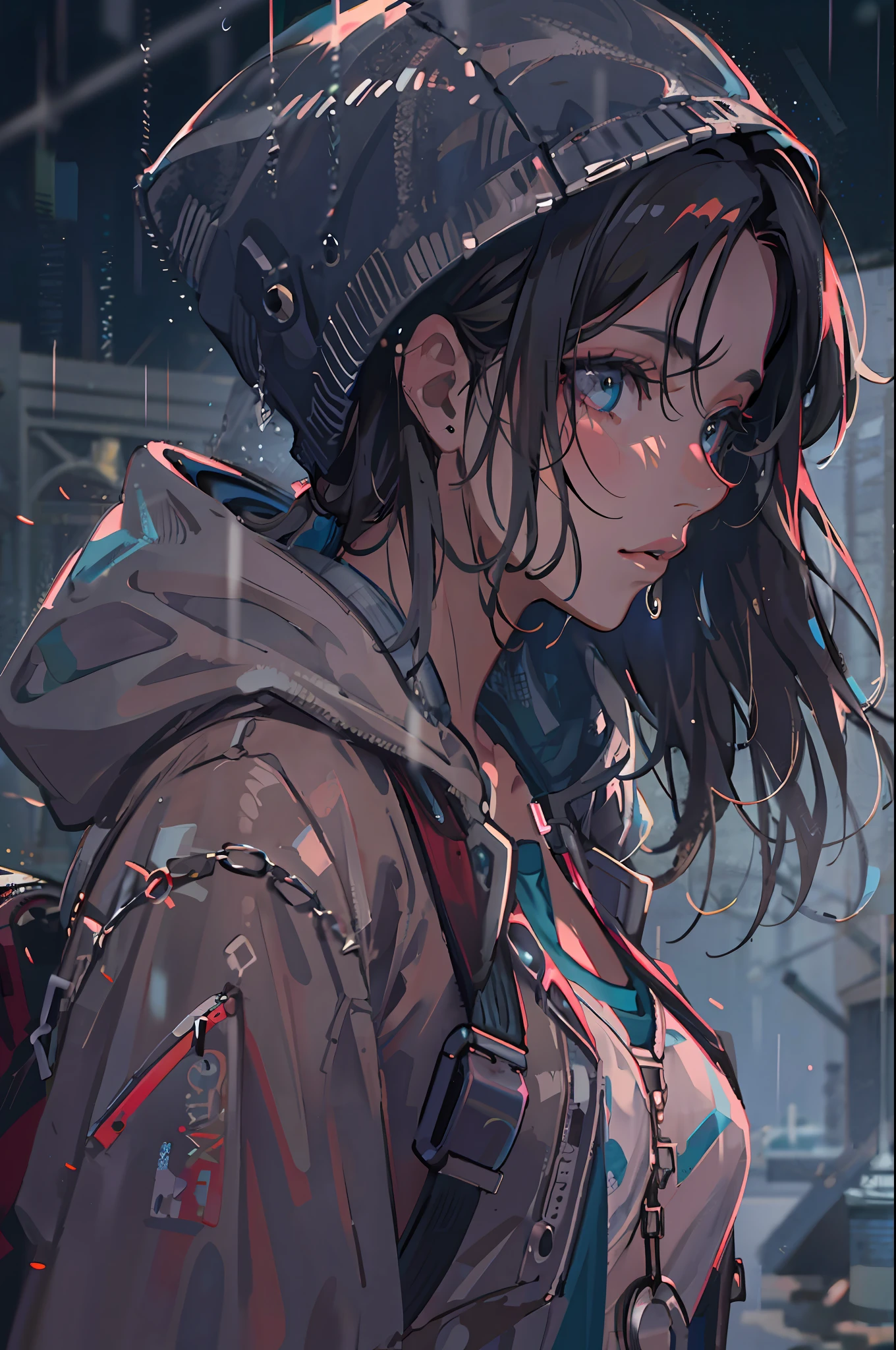 1girl, jacket, rain, outdoor, hoodie, open jacket, chain, backpack, looking at another, messy hair, trending on artstation, 8k resolution, highly detailed, anatomically correct, sharp image, digital painting, concept art, trending on pixiv, style of makoto shinkai,