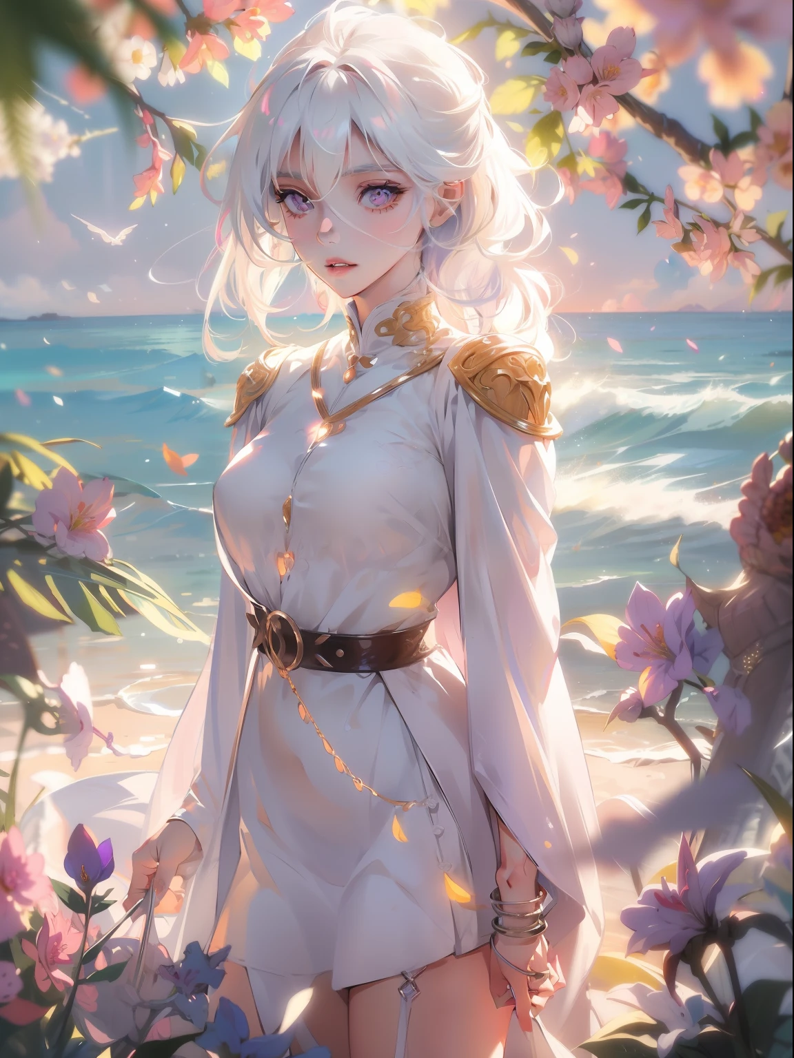 Realistic, 1girl, white hair, purple eyes, glowing eyes, cropped top, skirt, parted lips, blush, night, flowers, sun, sunlight, white skirt, short skirt, medium length hair, real, warm colors, white short Dress, white clothes, light background color, day environment, bright color background, saudi, ocean, cute,
