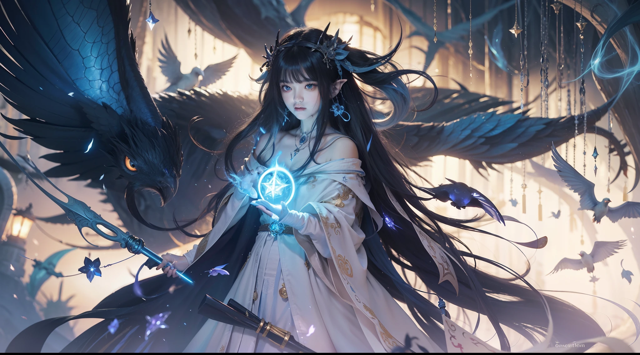 Magic Book,Blood,Night, Dark, (Fantasy),infinite,deep blue sky,The abyss of knowledge,Cowledge,((masutepiece)), (((Best Quality))),((Beautiful fine eyes)),(Eye lashes)、Beautiful girl riding blue dragon、(女の子1人)、Perfect human body structure、Black hair、The long-haired、abyss eyes、glowy skin、oils、small tits、(Bird body、pluma)、Wizard robes、tattered cloth、Realistic coat、Teenchi、elvish、Super delicate CG Unity 32k wallpaper、masterpiece, ((ultra-detailliert)), ((illustratio)),colourfull,wall-paper,The energy,Unknown terror,Incomprehensible,Around the magic,Magical surroundings,magic wands,Boken,Flying pages,Know everything,Predict the future、Get to know the past、Infinite wisdom、blue flames、Warlock、magic circles、Pentagram、Spells、mantra、Singing magic