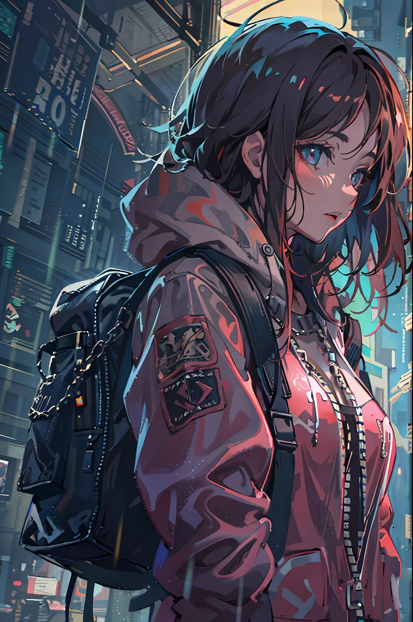 1girl, jacket, rain, outdoor, hoodie, open jacket, chain, backpack, looking at another, messy hair, trending on artstation, 8k resolution, highly detailed, anatomically correct, sharp image, digital painting, concept art, trending on pixiv, style of makoto shinkai,
