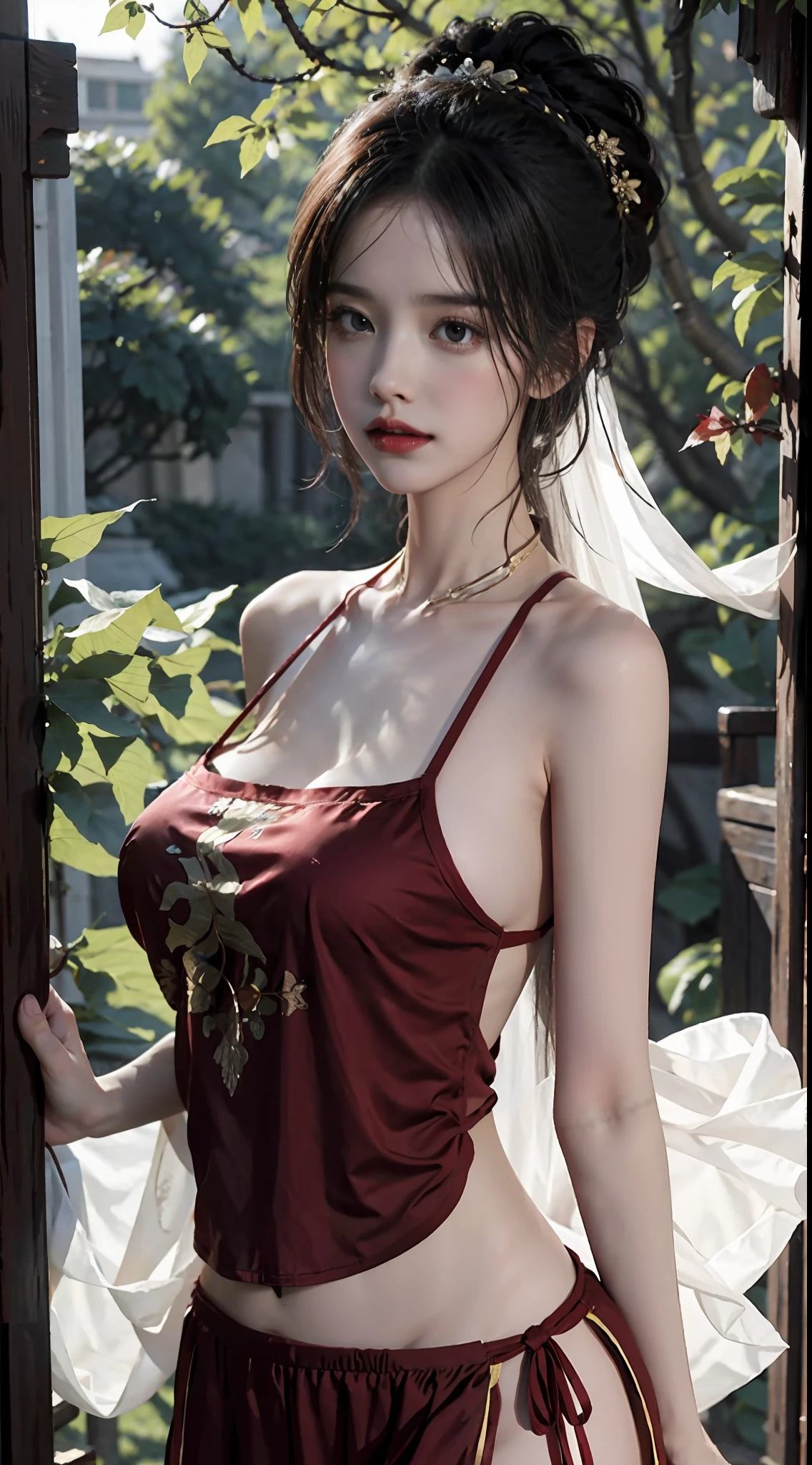 1girll，Upper body，Busty，huge boob，soft boobs，droopy bosom，Outer chest type，No underwear，vacuum，realisticlying，An extremely delicate and beautiful girl，beatiful detailed eyes，messy  hair，short detailed hair，looking at viewert，
exteriors，the woods，
in the afternoon，after rainny，Dingdall effect，
The wind blows through the maple leaves，dust kicked up,
tmasterpiece, hyper HD, Best picture quality, A high resolution,16k, hyper-high detail，
illustration，Ancient wind，Hanfu