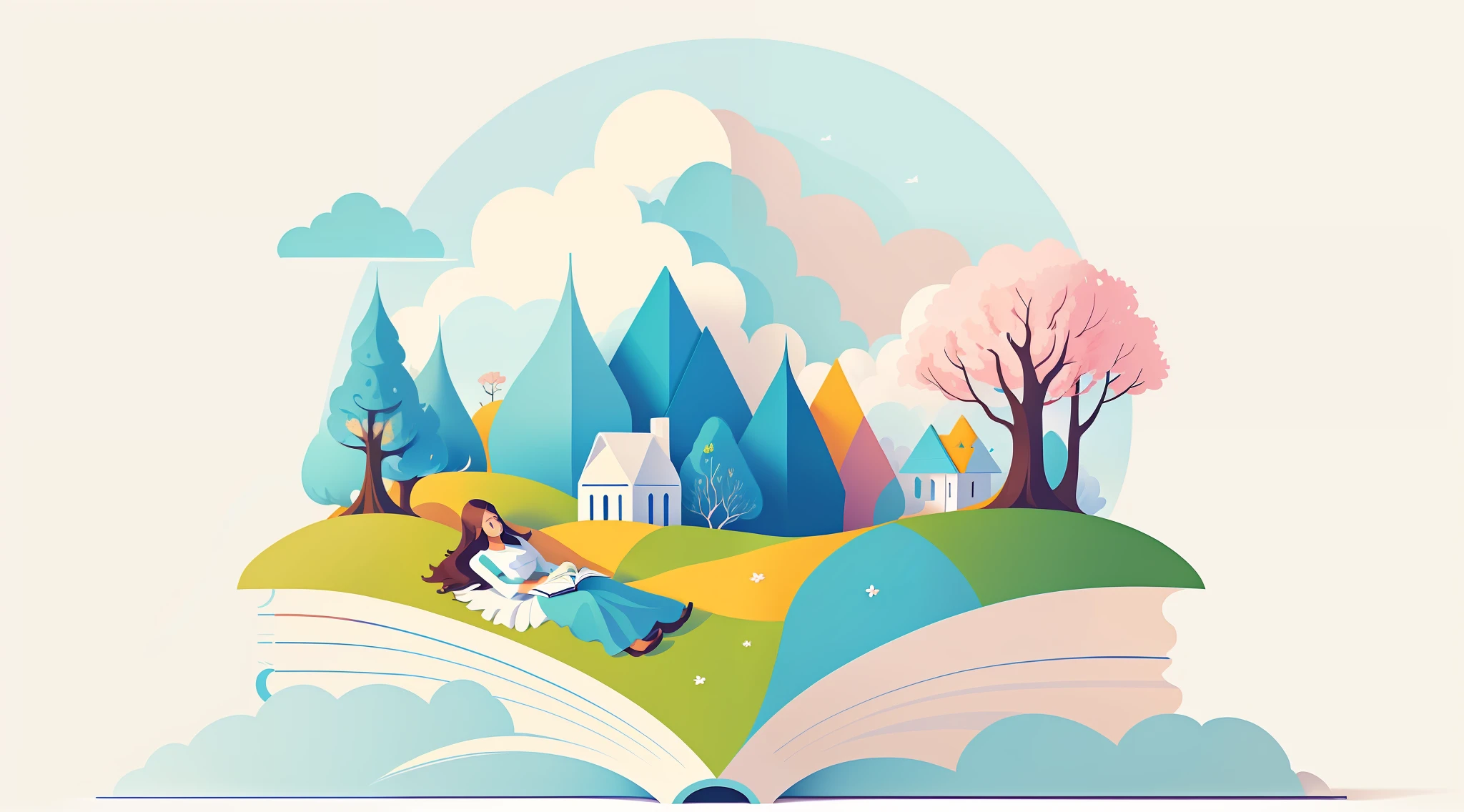 Flat geometric illustration，Minimalist style，There is a big book，There are trees, Flowers and people sitting on books, lie on white clouds fairyland, children's book illustrations, fairytale illustration, storybook design, children's book illustrations,