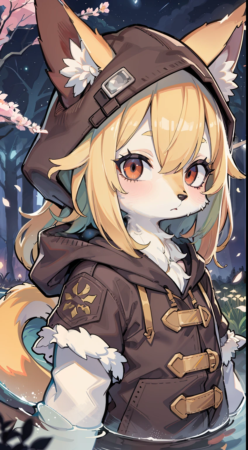 Fox Boy，hairy pubic，shaggy，Skin fur，Golden fur，Golden yellow face fur,Short straight blonde hair，Eyes have light，Red eyes，Brown elements on fur，Brown coat brown hood up，Star pattern white top，brown shorts，Beautiful lights and shadows，Ambient light，Ultra-fine fur，volumettic light，Night,natural  lightting，Fluffy tail，Night，starrysky，Vast landscape，crossed bangs, Hairline, Shiny hair, lone nape hair, ，Dilated pupils，Sleepy，（moon full：1.2），（meteors：0.9），（Starcloud：1.3），Inside the cherry blossom forest，Cherry blossoms fall，（Warm light source：1.2），（glowworm：1.2）， Purple and orange，Complicated details，Volumetriclighting，Realist breakthrough（tmasterpiece：1.2）（best qualtiy），4K，Ultra-delicate，（Dynamic configuration：1.4），Highly detailed and colorful details，（Irridescent color：1.2），（luminouslighting，Atmospheric lighting），dream magical，magic，（独奏：1.2）Glowing light,empty eyes, partially underwater shot