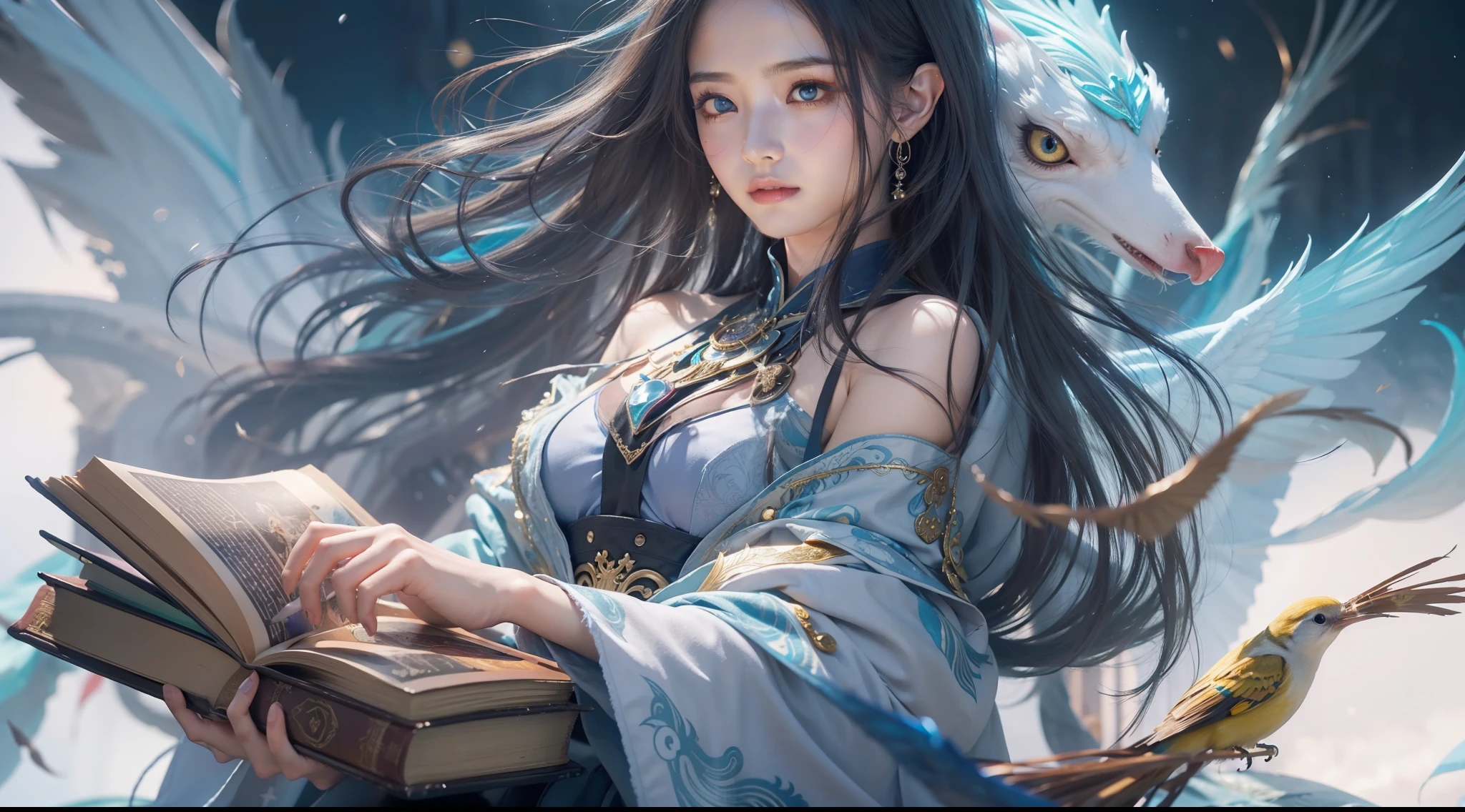 Magic Book,Blood,Night, Dark, (Fantasy),infinite,deep blue sky,The abyss of knowledge,Cowledge,((masutepiece)), (((Best Quality))),((Beautiful fine eyes)),(Eye lashes)、Beautiful girl riding blue dragon、(女の子1人)、Perfect human body structure、Black hair、The long-haired、abyss eyes、glowy skin、oils、small tits、(Bird body、pluma)、Wizard robes、tattered cloth、Realistic coat、Teenchi、elvish、Super delicate CG Unity 32k wallpaper、​masterpiece, ((ultra-detailliert)), ((illustratio)),colourfull,wall-paper,The energy,Unknown terror,Incomprehensible,Around the magic,Magical surroundings,magic wands,Boken,Flying pages,Know everything,Predict the future、Get to know the past、Infinite wisdom、blue flames、Warlock、magic circles、Pentagram、Spells、mantra、Singing magic