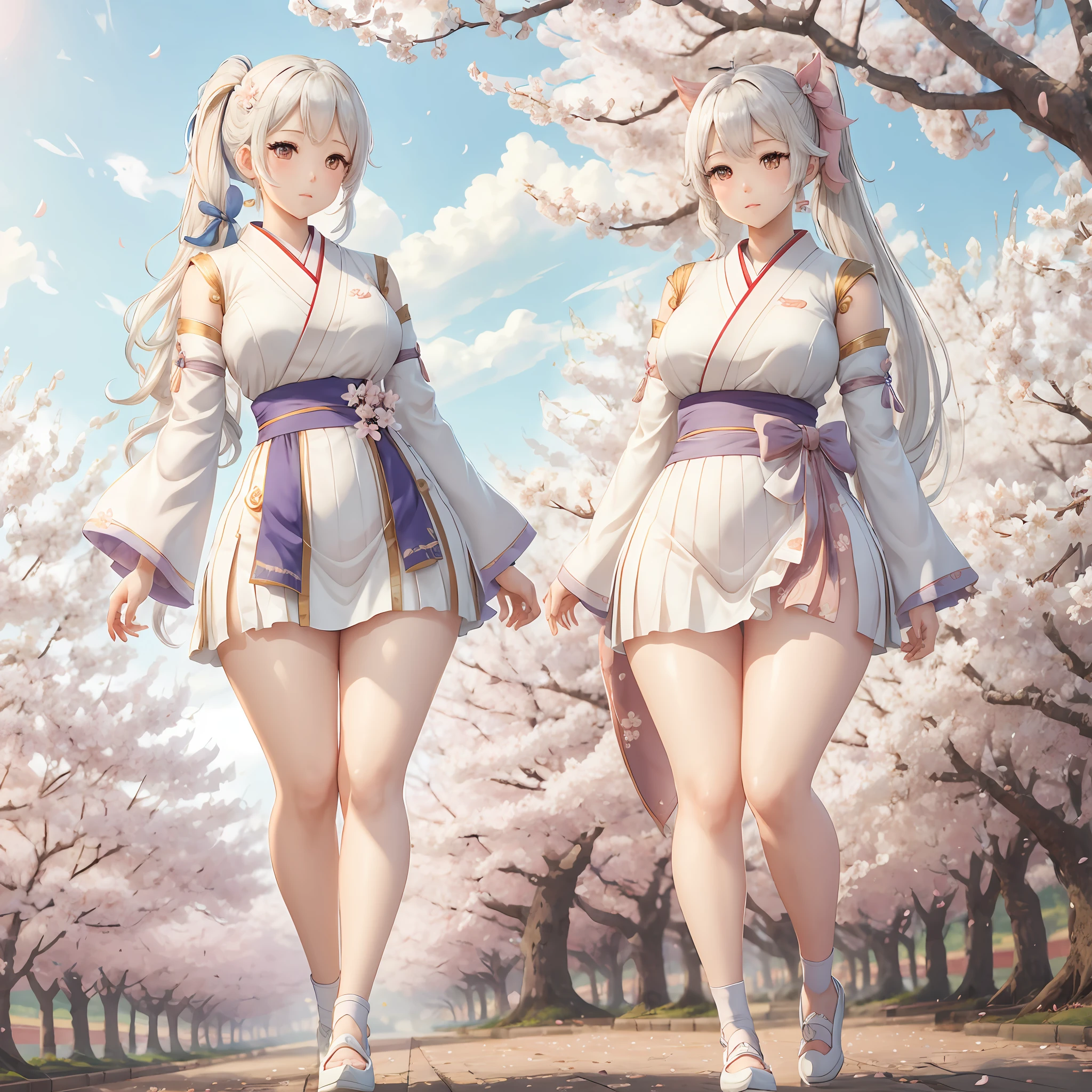 {{Masterpiece}}, Shiny skin,Best quality,Highly detailed,Extremely detailed Cg Unity 8K wallpaper,1girll, full body,torogao,Full-figured,Small breasts,Kamiasto ayaka\(Genshin Impact\),pony tails, straight bangs,White hair, Blue eyes,No shoes, Bare legs, Japan hair ornament,Teenage,Cherry blossoms,Real Human --auto
