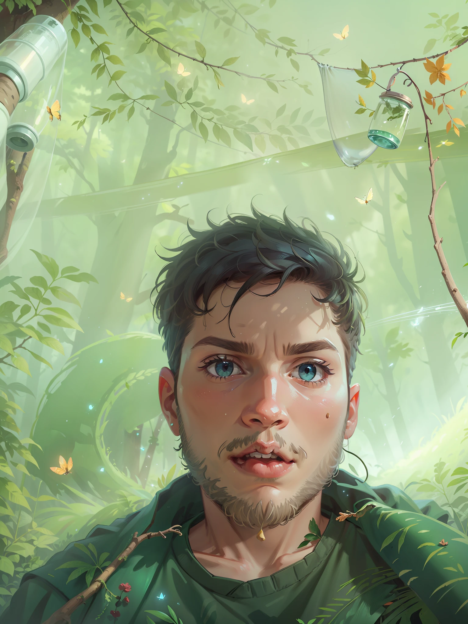 A young boy with blue eyes,medium eyes with Masterpiece, best quality, (very detailed CG unified 8k wallpaper), (best quality), (best illustration), (best shadow), glowing elf with a glowing deer, drinking water in the pool, natural elements in forest theme. Mysterious forest, beautiful forest, nature, surrounded by flowers, delicate leaves and branches surrounded by fireflies (natural elements), (jungle theme), (leaves), (branches), (fireflies), (particle effectende)