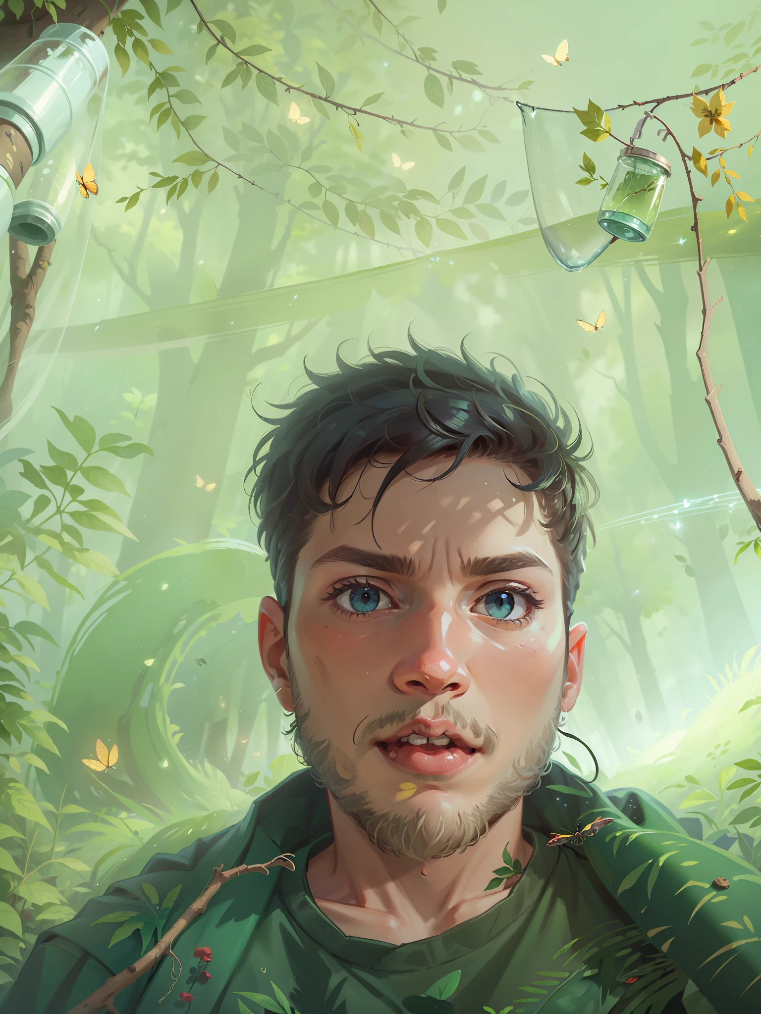A young boy with blue eyes,medium eyes with Masterpiece, best quality, (very detailed CG unified 8k wallpaper), (best quality), (best illustration), (best shadow), glowing elf with a glowing deer, drinking water in the pool, natural elements in forest theme. Mysterious forest, beautiful forest, nature, surrounded by flowers, delicate leaves and branches surrounded by fireflies (natural elements), (jungle theme), (leaves), (branches), (fireflies), (particle effectende)