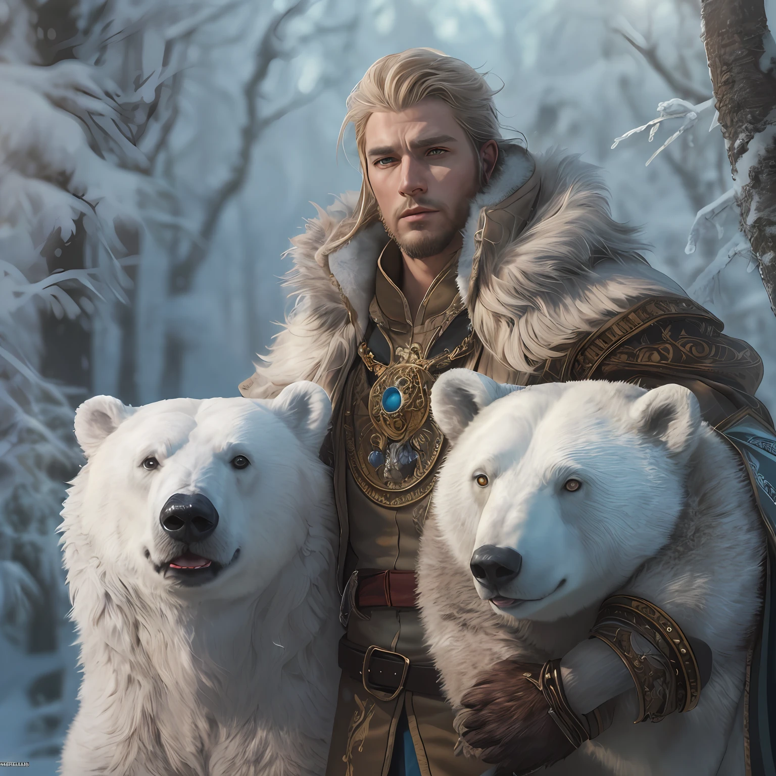 high details, best quality, 8k, [ultra detailed], masterpiece, best quality, (extremely detailed), dynamic angle, ultra wide shot, RAW, photorealistic, fantasy art, dnd art, rpg art, realistic art, a wide angle picture of a male human druid (1.5 intricate details, Masterpiece, best quality) and his pet white bear, priest of nature, cleric of nature, dnd druid, full body, [[anatomically correct]], dynamic position (1.5 intricate details, Masterpiece, best quality) talking to a white bear, polar bear (1.6 intricate details, Masterpiece, best quality) in arctic tundra, trees with snows, half frozen river, snow (1.5 intricate details, Masterpiece, best quality), a male wearing fur clothes (1.4 intricate details, Masterpiece, best quality), Ultra Detailed Face (1.4 intricate details, Masterpiece, best quality), fur boots, thick hair, long hair, blond hair, pale skin intense fair eyes, arctic background (intense details), dynamic light, dynamic angle, (1.4 intricate details, Masterpiece, best quality) 3D rendering, high details, best quality, highres, ultra wide angle