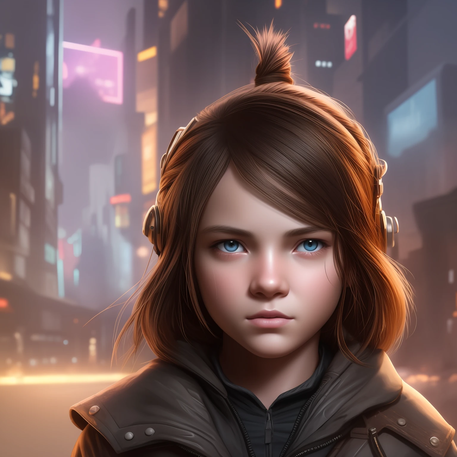 Movie scene character design,Cyberpunk background,A girl of about 10 years old,Curved hair,brown hair,It seems to be a promise,The left eye was covered with a worn bandage,He was wearing rags,The feeling of being dirty --auto