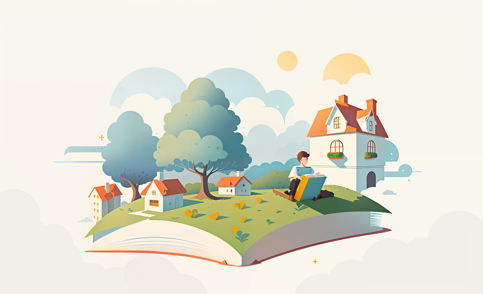 Minimalist abstract style，Flat geometric illustration，There is a big book，Inside there was a house and a man sitting on a bench, cute storybook illustration, detailed book illustration, lie on white clouds fairyland, fairytale illustration, storybook design, Children's book illustration
