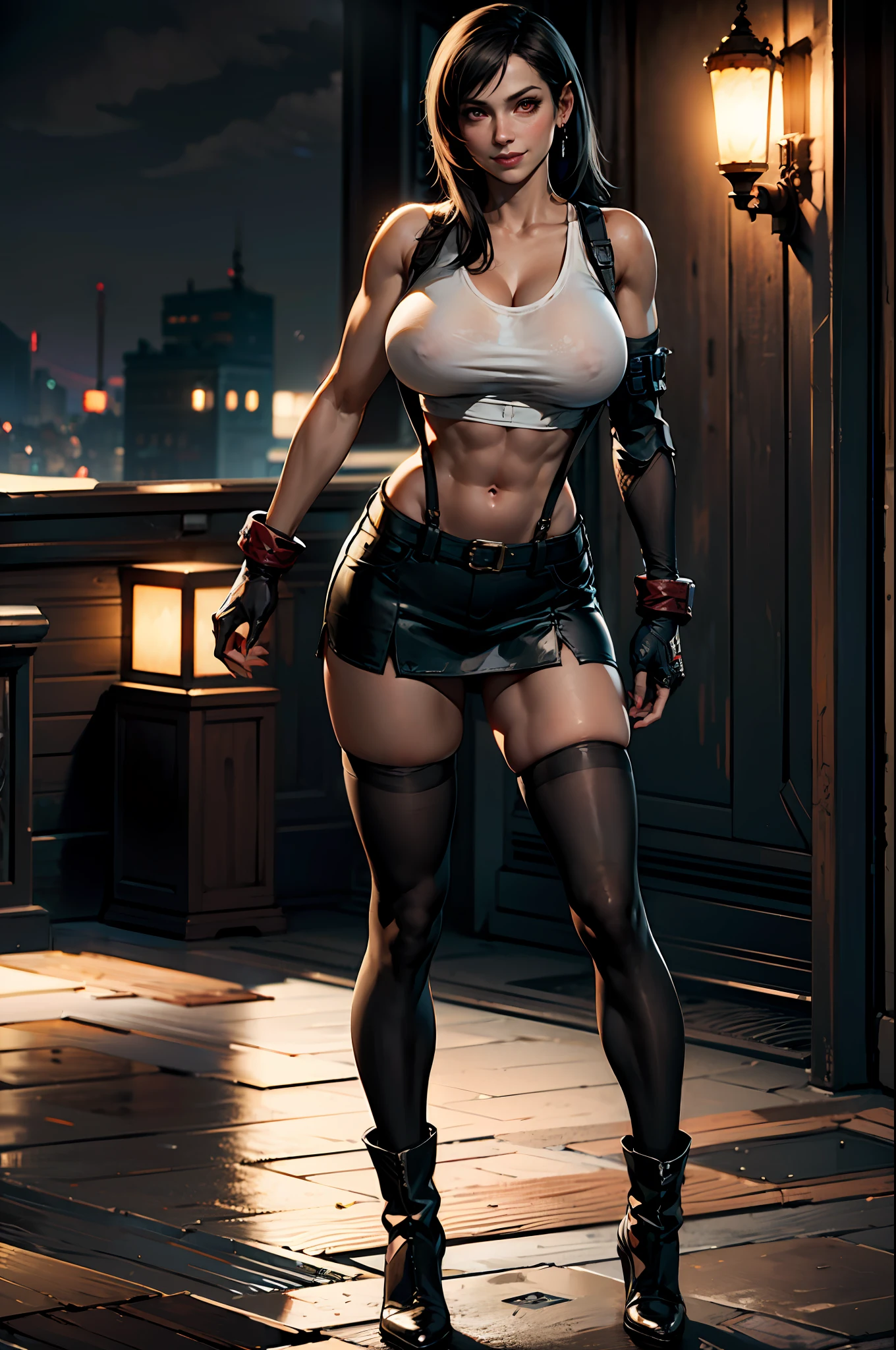 (8k, best quality, masterpiece:1.2), (realistic, photo-realistic:1.37), (full body), standing, legs apart, (wide stance) standing contrapposto, ultra-detailed, 1 girl,cute, solo, (tifa lockhart), (large breasts:1.5), (beautiful detailed eyes), (smile:1.2), (closed mouth), sharp focus, depth of field, good composition, Final Fantasy VII, very long straight hair, hair bang, ((red_eyes)), intricate, bokeh, (Tetsuya Nomura style), perfect breasts, white tank top, black miniskirt, suspenders, gloves, stockings, toned body, athletic, wide hips, thin waist, toned arms, exposed abdomen,
