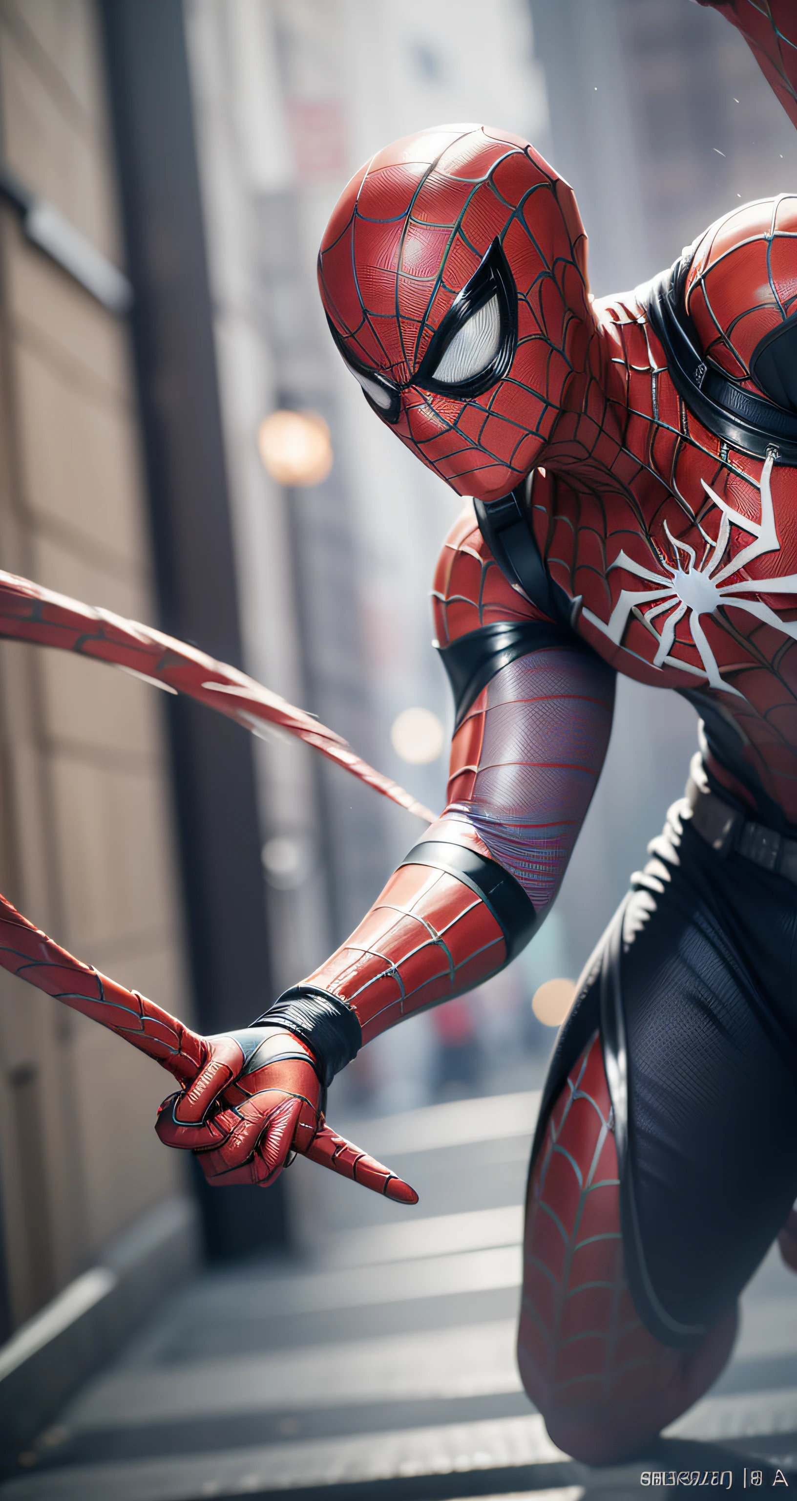 (8k, RAW photo, best quality, masterpiece:1.2), ultra detailed, official art, photo-realistic:1.37, upper body shot, marvel spiderman, film grain, action pose