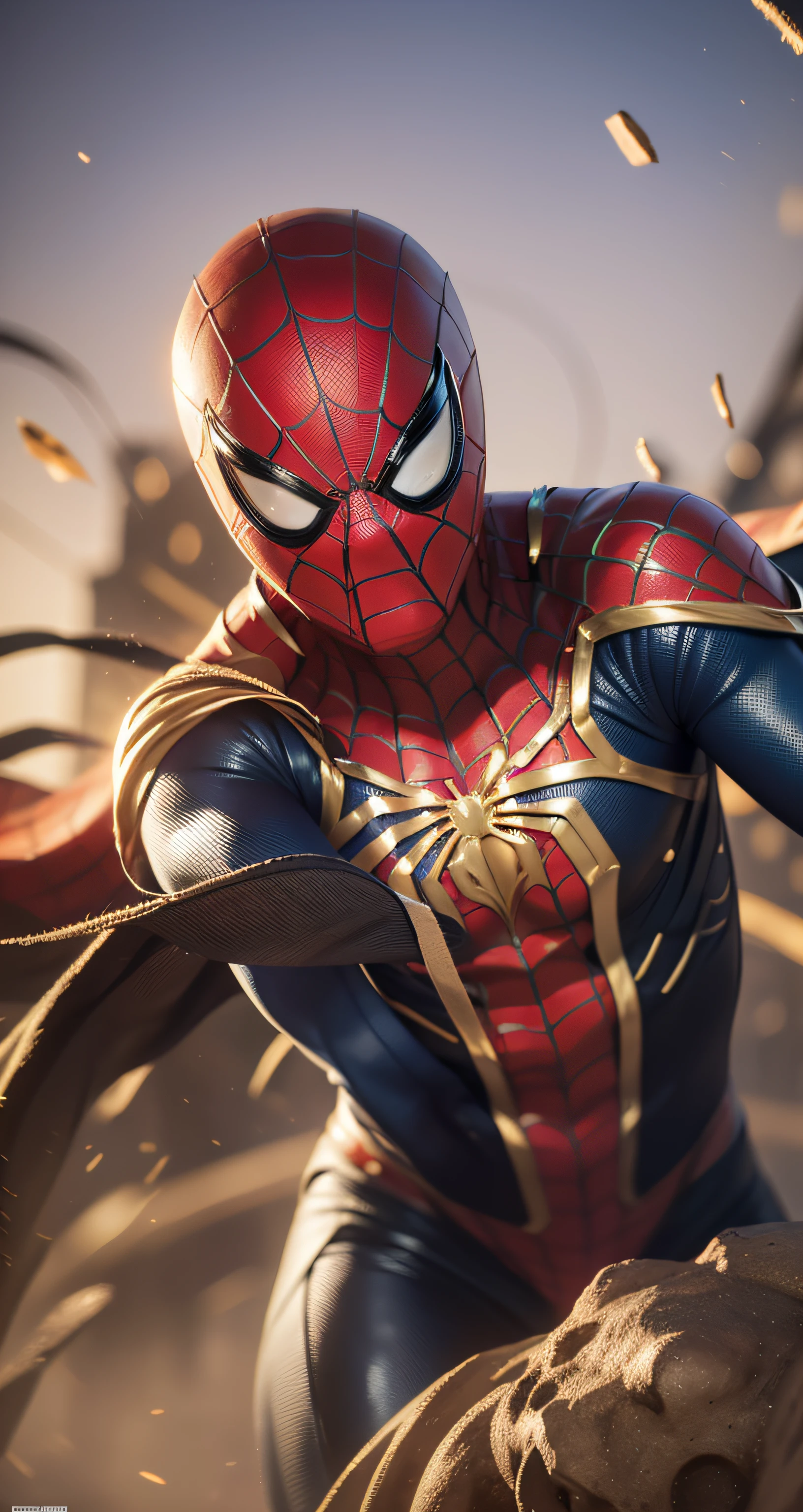 (8k, RAW photo, best quality, masterpiece:1.2), ultra detailed, official art, photo-realistic:1.37, upper body shot, marvel spiderman, film grain, action pose
