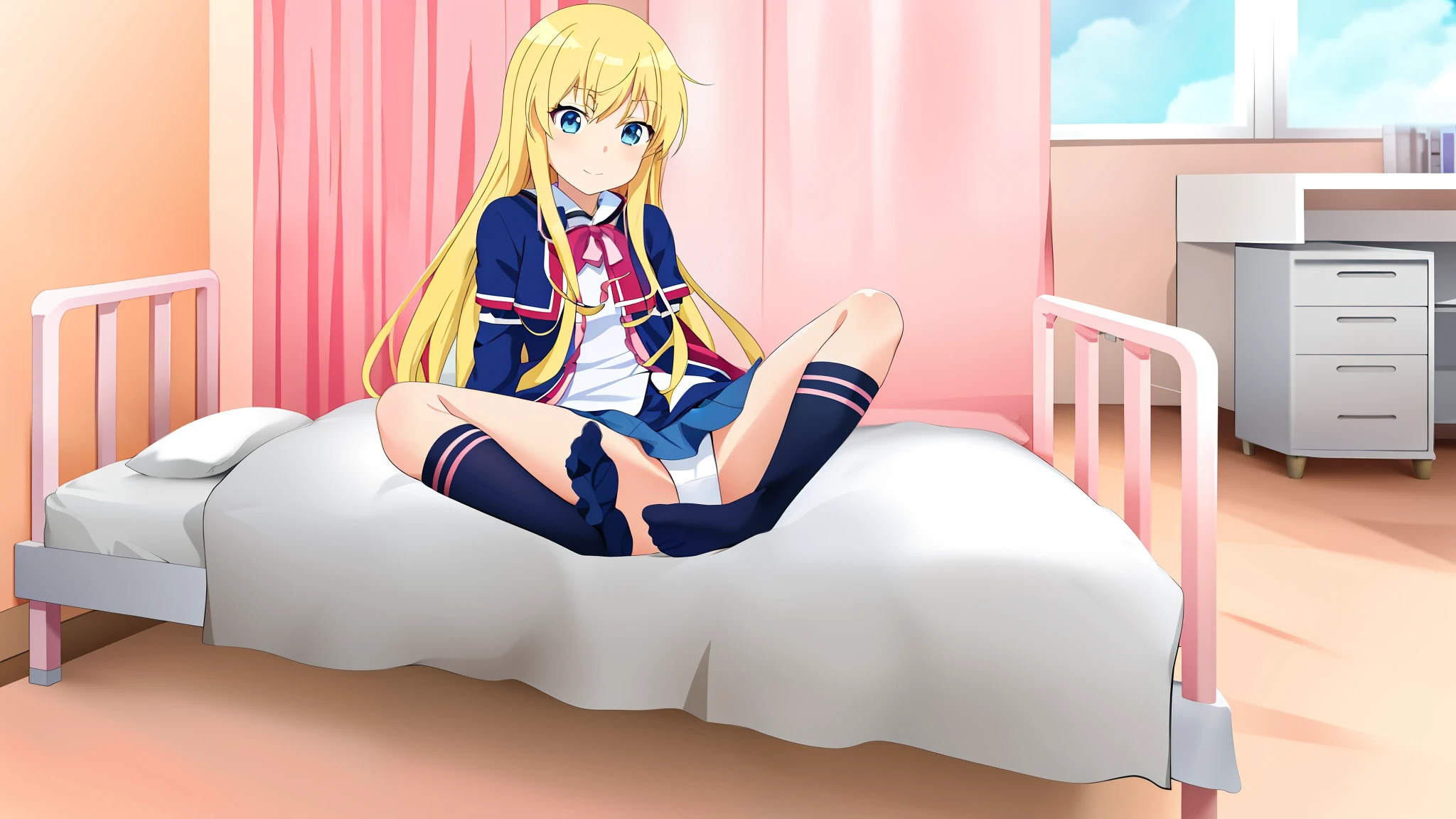 Anime girl sitting on bed in room with pink curtains, Anime Best Girl, Ecchi anime style, sitting on a bed, beautiful anime high school girl, Anime girl named Lucy, sitting on her bed, the anime girl is crouching, Cute anime girl, Sitting on the bed, blonde anime girl with long hair, pretty anime girl, (Anime Girl)