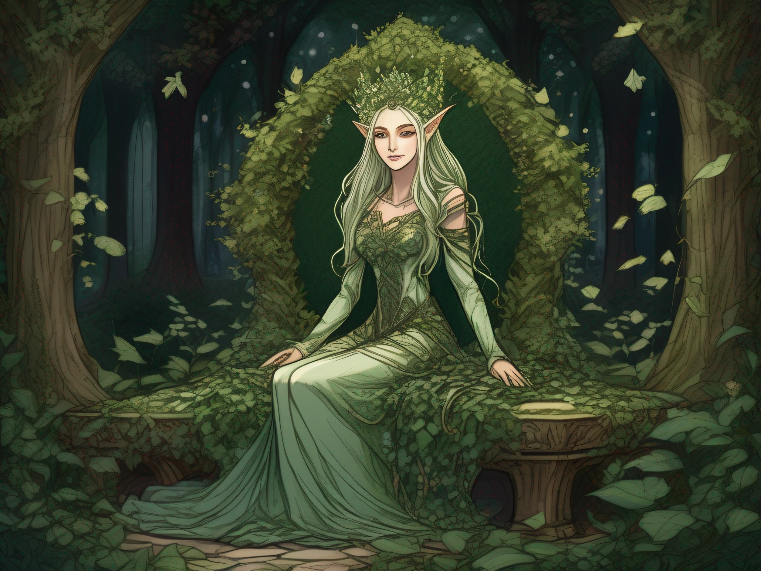 A throne made of ivy and flowers is placed in the center of the square in the deepest part of the forest, And the beautiful elven queen sits there. Queen in a plant-dyed dress、Decorated with intricate and delicate plant decorations. Deep green eyes, Tsulime, Pointed ears, Lush forests and moonlight illuminating the forests. The queen smiles quietly. Starlight, Detailed drawing. Vibrant colors. High resolution
