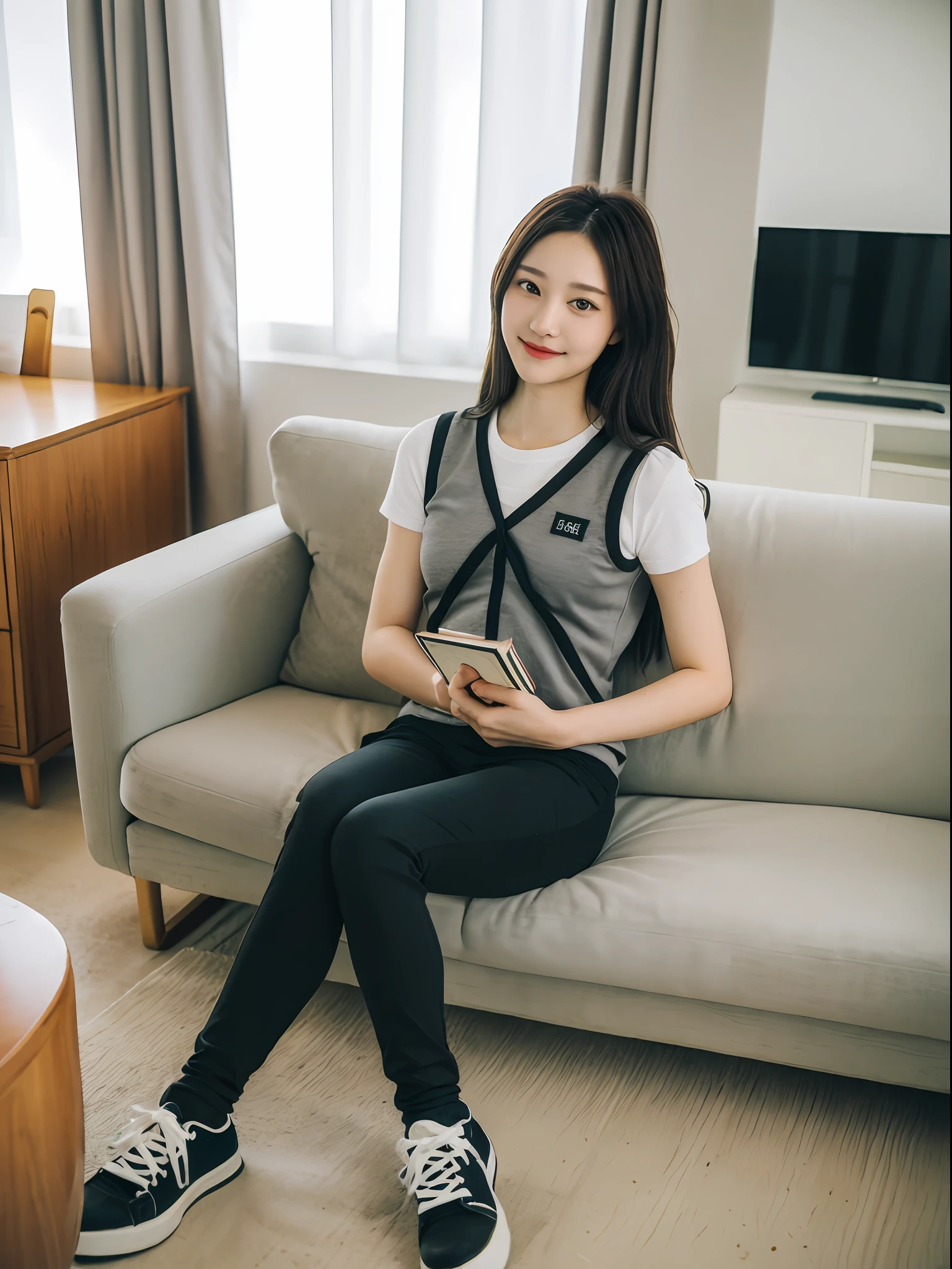 ((Best picture quality, 8K, tmasterpiece:1.3)),(1girll),Long hair with a shawl,Ultra-fine face,A detailed eye,ssmile,Small chest,Slender abs,The butt is upturned,((Black letter vest,black long pants,black sneaker shoes,The legs are long and thin,Lying on the sofa,There are books in front of the sofa,Behind the sofa are curtains)),