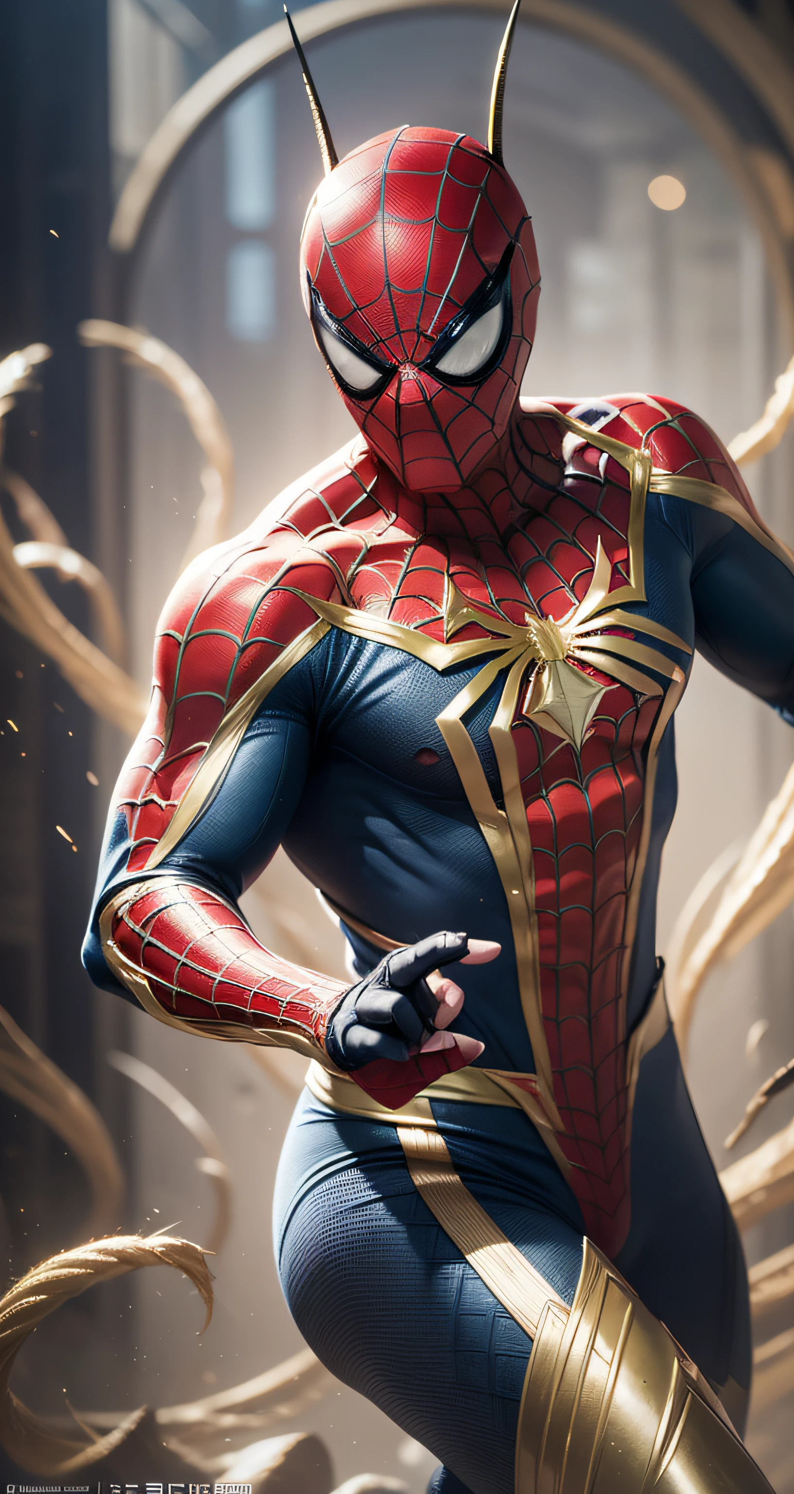 (8k, RAW photo, best quality, masterpiece:1.2), ultra detailed, official art, photo-realistic:1.37, upper body shot, marvel spiderman, film grain, action pose