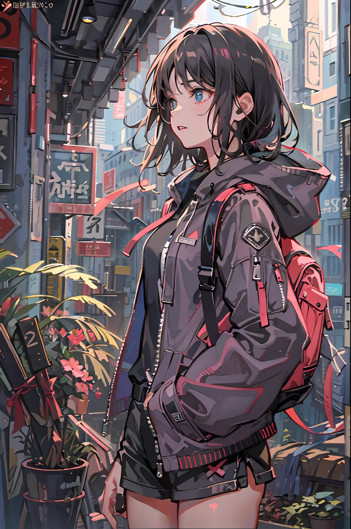 1girl in, jaket, Sateen, plein air, parka, Open jacket, chain, rucksack, Look at another one, hair messy, Trending on ArtStation, 8K分辨率, Highly detailed and anatomically correct, Sharp Images, digitial painting, concept-art, trending on pixiv, style of makoto shinkai,Buttocks、The base of the thigh