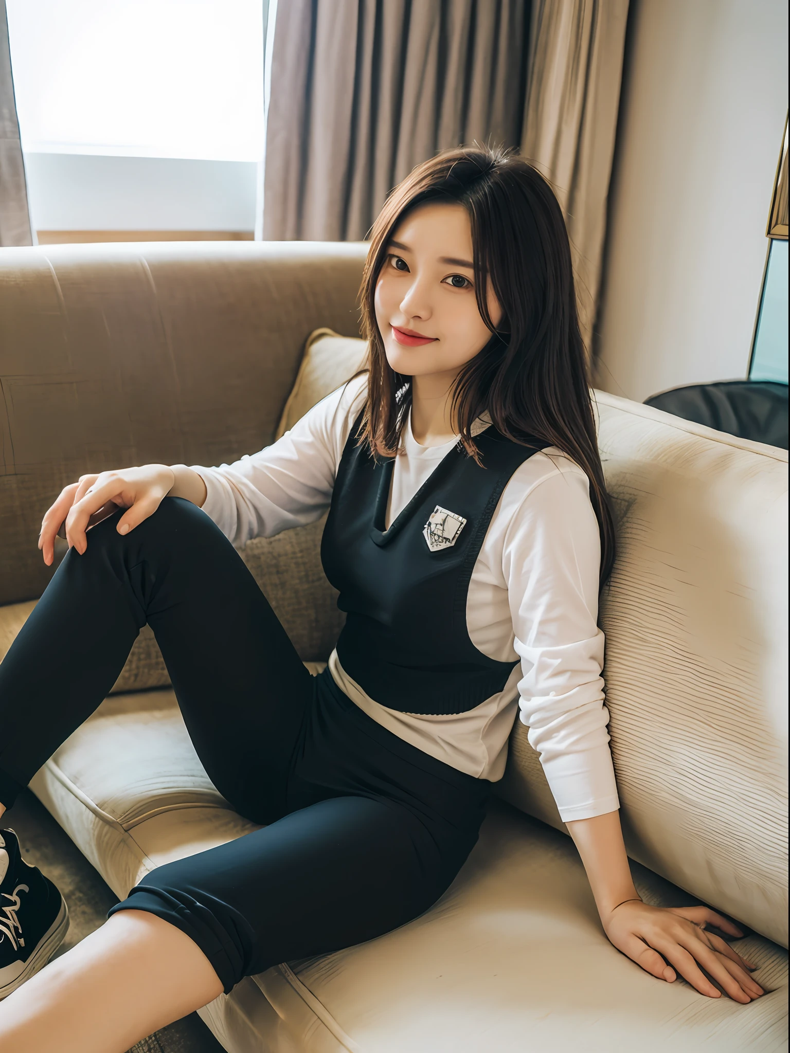 ((Best picture quality, 8K, tmasterpiece:1.3))，(1girll)，Long hair with a shawl，Ultra-fine face，A detailed eye，ssmile，Small chest，Slender abs，The butt is upturned，((Black letter vest，black long pants，black sneaker shoes，The legs are long and thin，Lying on the sofa，There are books in front of the sofa，Behind the sofa are curtains))，