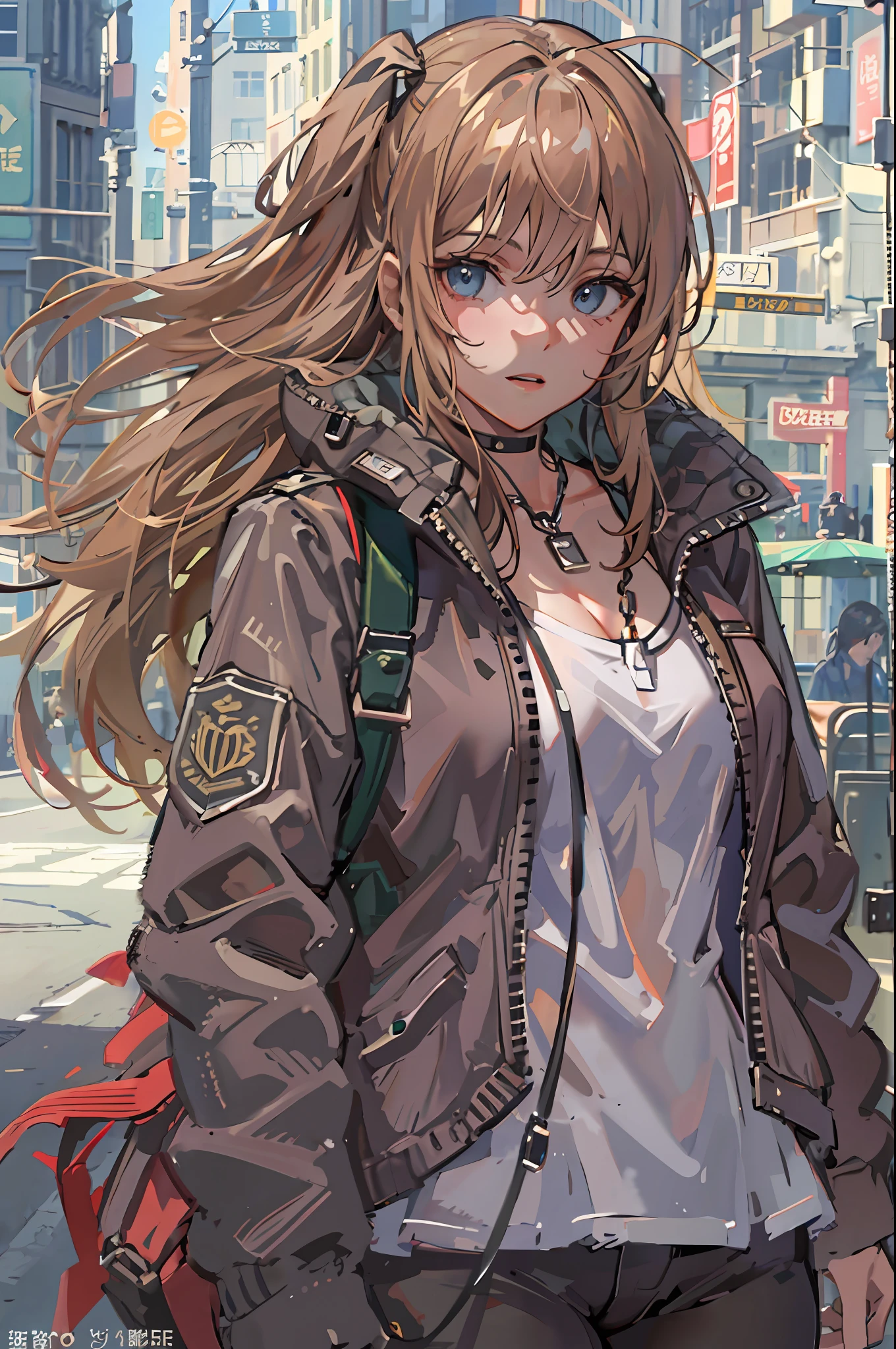 1girl in, jaket, Sateen, plein air, parka, Open jacket, chain, rucksack, Look at another one, hair messy, Trending on ArtStation, 8K分辨率, Highly detailed and anatomically correct, Sharp Images, digitial painting, concept-art, trending on pixiv, style of makoto shinkai,Buttocks、The base of the thigh