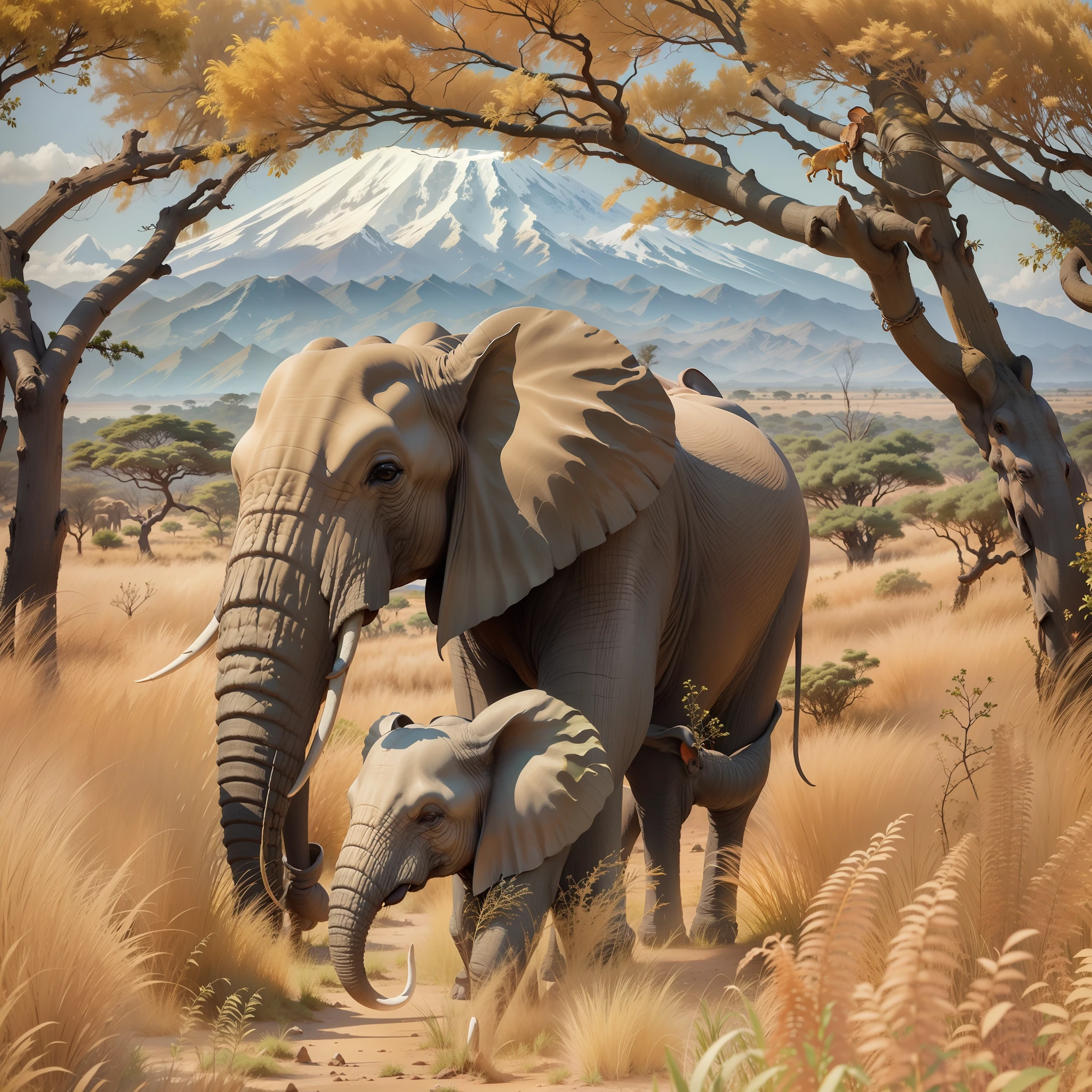A mother African elephant with large ears sniffing her newborn calf as they walk together through tall golden grasses and sparse acacia trees with Mt. Kilimanjaro seen in the far distance on the horizon.