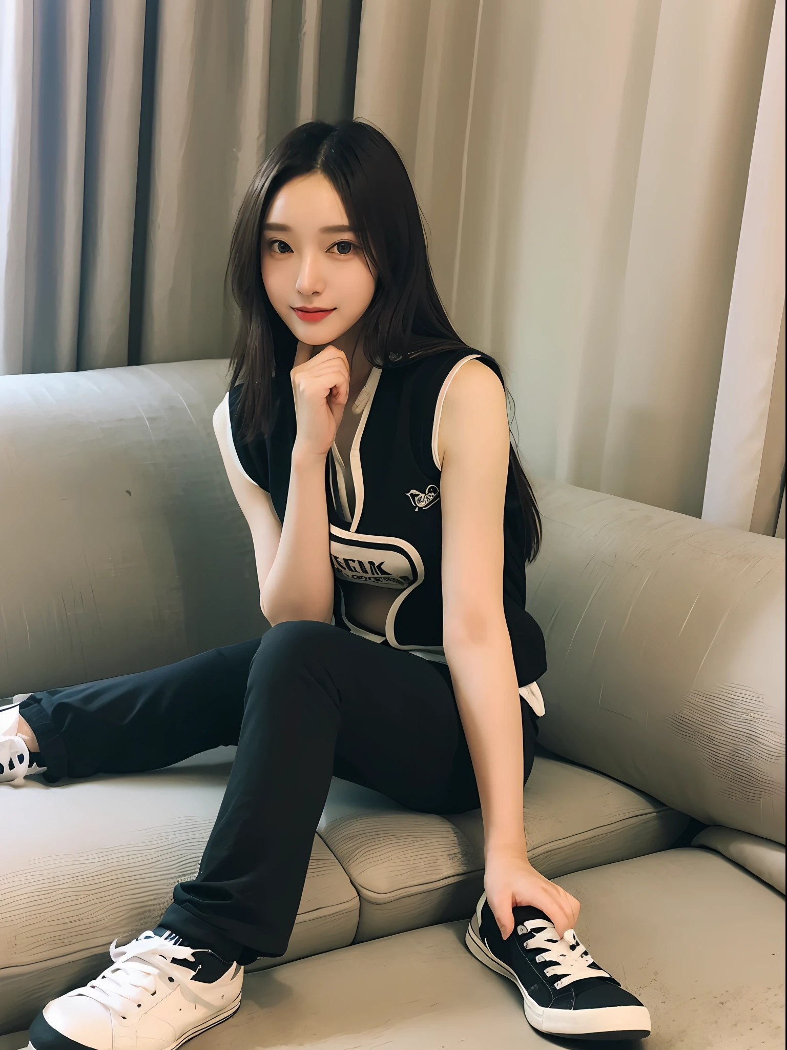 ((Best picture quality, 8K, tmasterpiece:1.3))，(1girll)，Long hair with a shawl，Ultra-fine face，A detailed eye，ssmile，Small chest，Slender abs，The butt is upturned，((Black letter vest，black long pants，black sneaker shoes，The legs are long and thin，a variety of poses，Lying on the sofa，There are books in front of the sofa，Behind the sofa are curtains))，
