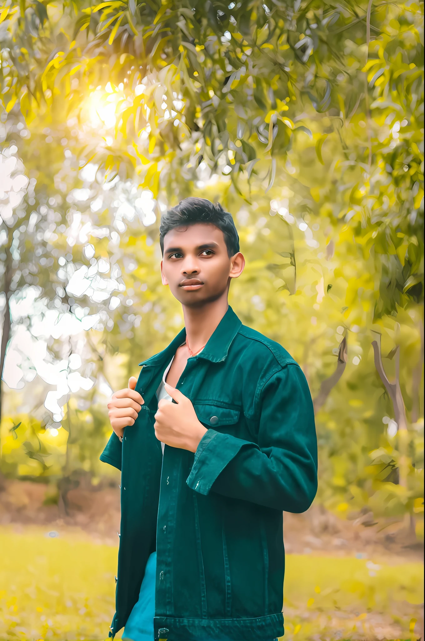 there is a man standing in the woods holding a knife, in front of a forest background, looking majestic in forest, in green forest, amidst nature, shot on nikon z9, in jungle forest, in forest jungle, jayison devadas, casual photography, at lush forest background, mid shot portrait, wearing green jacket, portrait shot 8 k