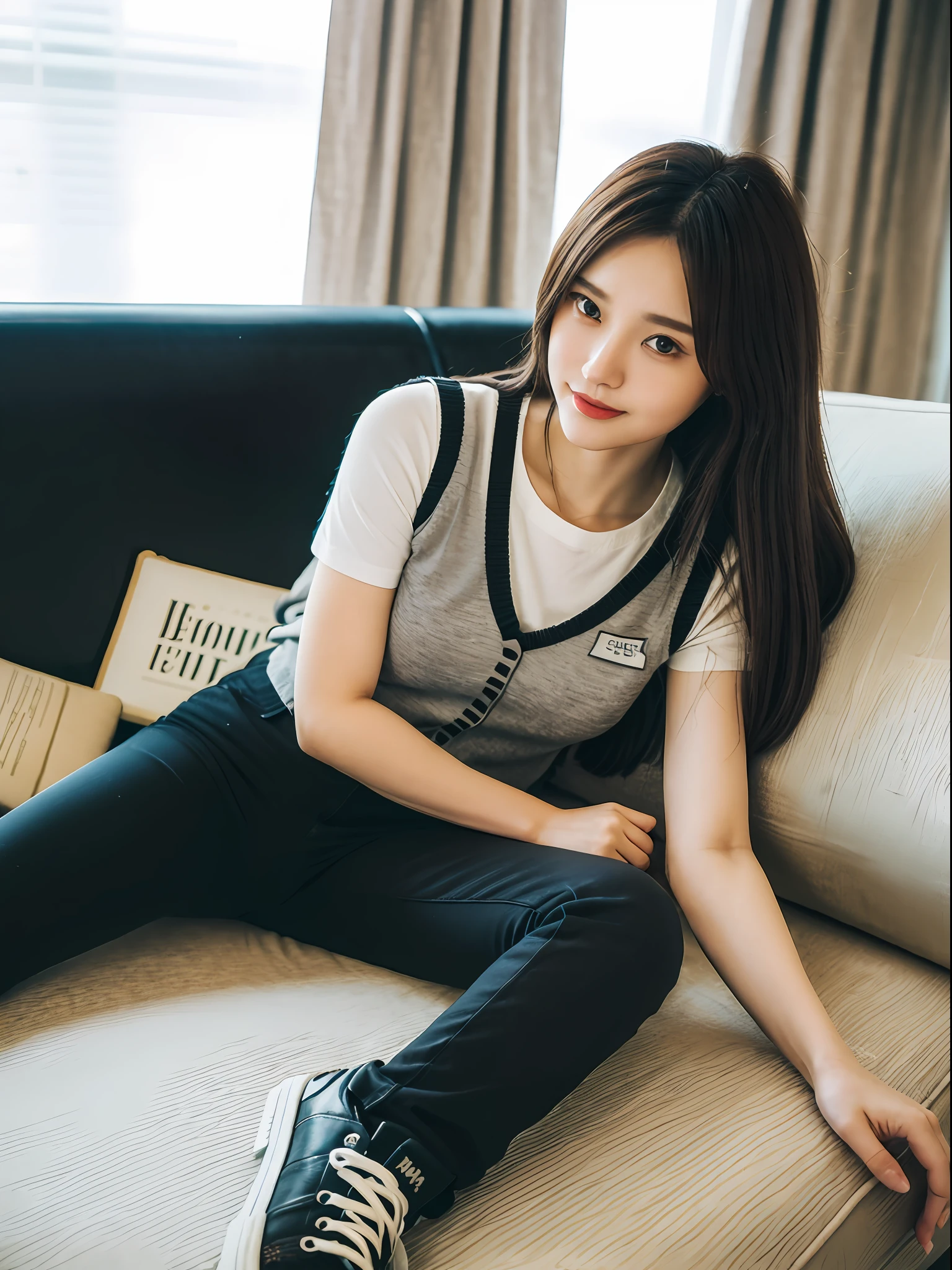 ((Best picture quality, 8K, tmasterpiece:1.3))，(1girll)，Long hair with a shawl，Ultra-fine face，A detailed eye，ssmile，Small chest，Slender abs，The butt is upturned，((Black letter vest，black long pants，black sneaker shoes，The legs are long and thin，a variety of poses，Lying on the sofa，There are books in front of the sofa，Behind the sofa are curtains))，