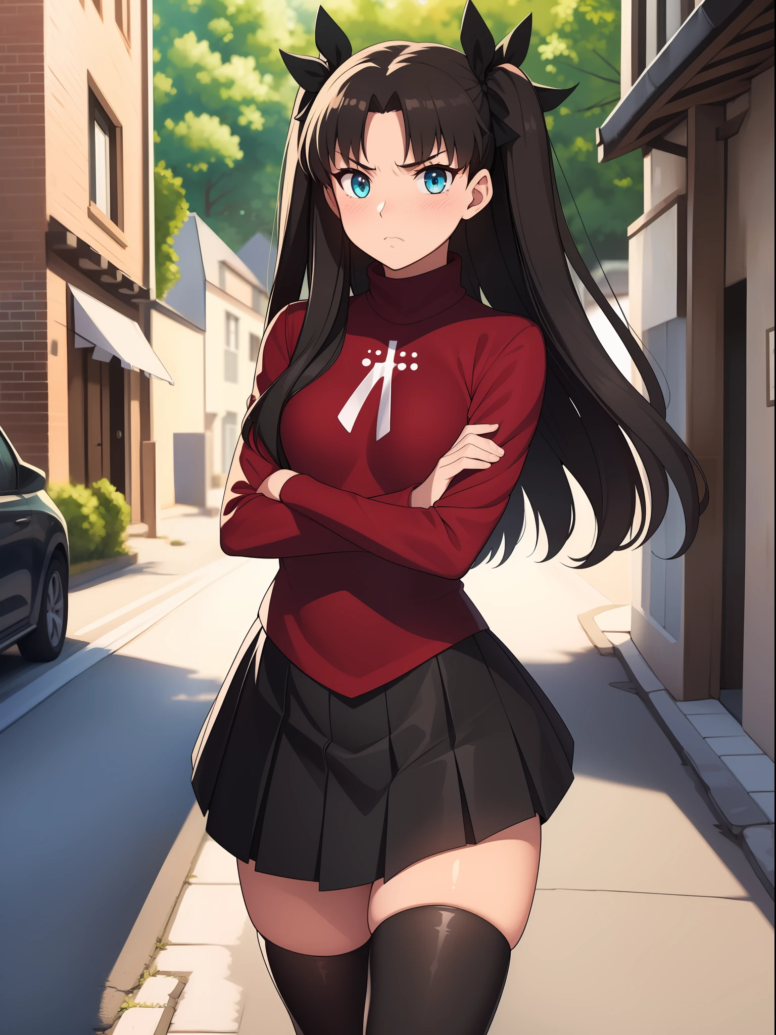 ((kipteitei art)), ((masterpiece)), (((best quality))), ((ultra-detailed)), (((illustration))), detailed face, ultra cute face, detailed body, ((1girl)), ((solo)), ((Rin Tohsaka)), aqua eyes, black hair, hair ribbon, long hair, ribbon, sidelocks, black thighhighs, long sleeves, miniskirt, pleated skirt, red sweater, skirt, sweater, turtleneck, looking at viewer, cowboy shot, arms crossed, tsundere, blush, annoyed, (small breasts), perky breasts, wide hips, thick thighs, walking down the street, town,