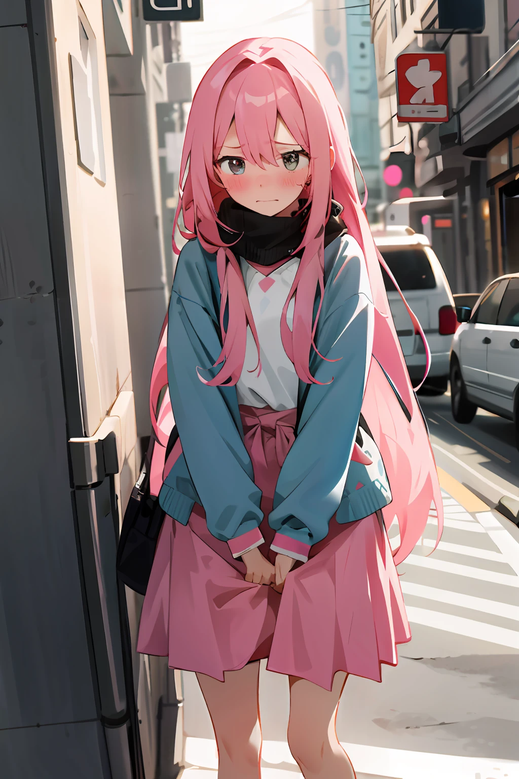 "1girl with pink long hair and dress, looking away, standing, embarrassed, blushing, keeping her mouth shut, street scene"