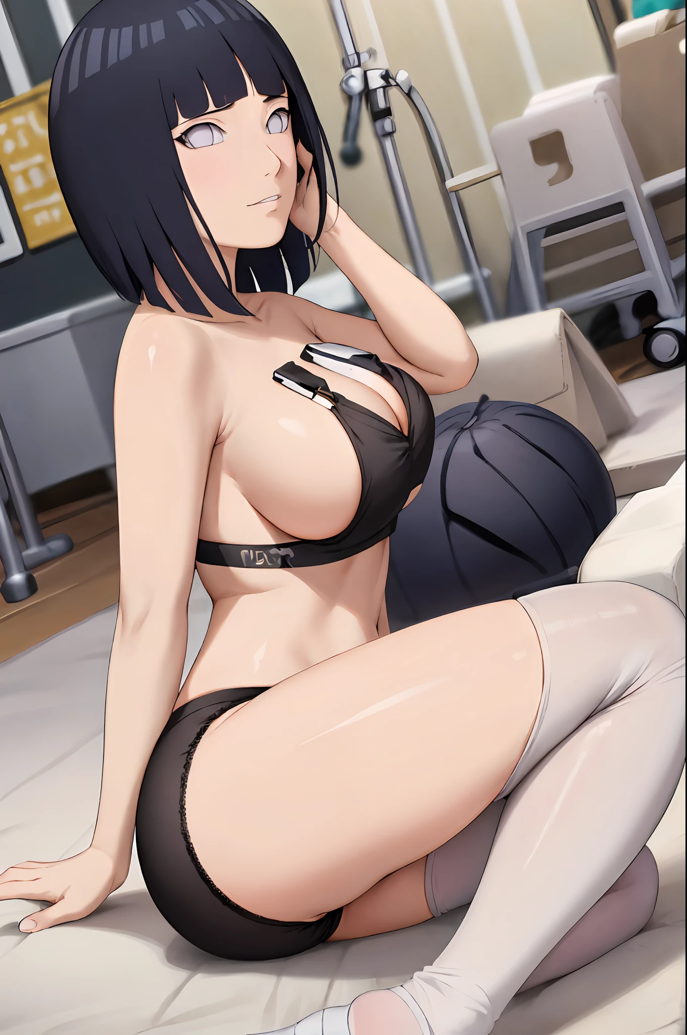 , (masterpiece), Delicate, ighly detailed, (watercolor paiting), bloom, Delicate beauty, illustratio, (bottom-up), (1girl in:1.4), (独奏:1.2),, (Tight yoga suit:1.3), sports wear, (panties on: 1.2), Strapless, (under the boobs: 1.2), (darkskinned: 0.8)), beautidful eyes, (fluffy hair), a picture, strapless photography, Alex Maleyev, proffesional, Canon Camera, Nikon Camera, sharp, Bokeh, Studio Quality, fish-eye lens, Robert Capa,Hinata,darkblue hair