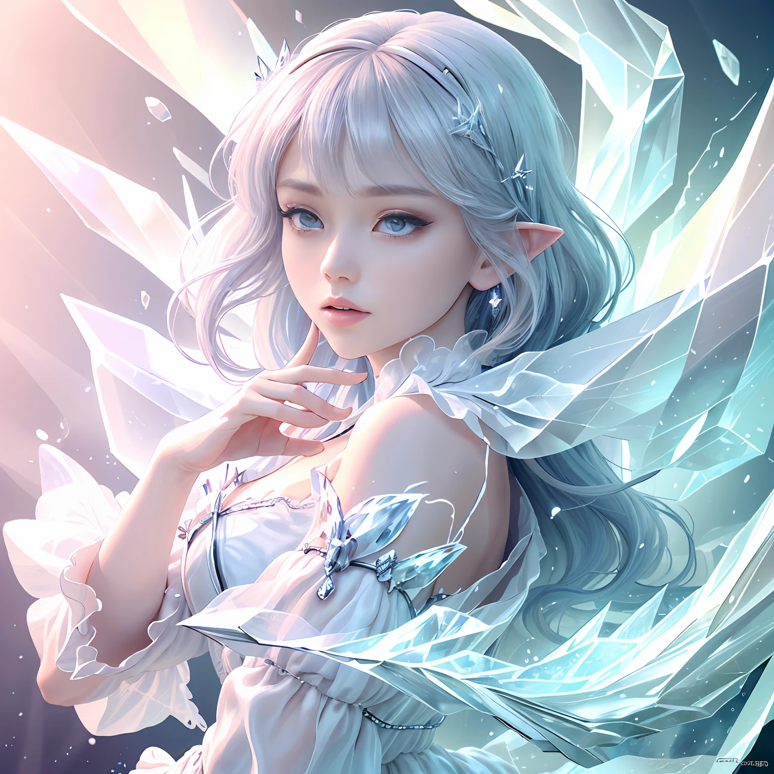 (Masterpiece, Top Quality, Best, Official Art, Beautiful and Aesthetic, Long Exposure: 1.2), Smooth Movement, Charming Patterns, 1 Girl, (Long Dress with Sleeves: 1.3), (((White Clothes) )), upper body close-up, bare shoulders, Chinese girl, blush, black lob hair, portrait, solo, upper body, looking at the observer, detailed background, detailed face, (crystallineAI, crystalline theme:1.1), elemental wind elves, rotation Wind, control the wind, white crystal clothing, dynamic pose, floating particles, ethereal dynamics, whirlwind, vapor, whirlwind in the background, white tone, whirlwind, ethereal atmosphere,