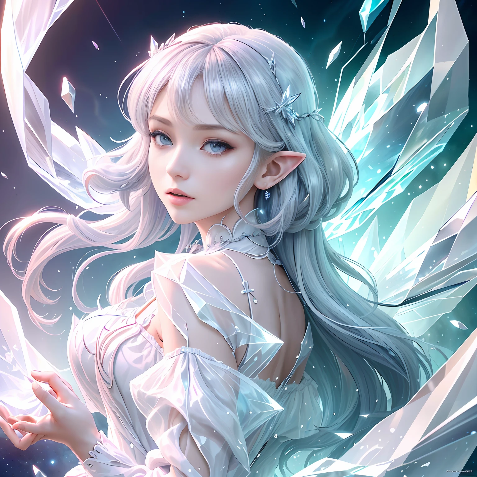 (Masterpiece, Top Quality, Best, Official Art, Beautiful and Aesthetic, Long Exposure: 1.2), Smooth Movement, Charming Patterns, 1 Girl, (Long Dress with Sleeves: 1.3), (((White Clothes) )), upper body close-up, bare shoulders, Chinese girl, blush, black lob hair, portrait, solo, upper body, looking at the observer, detailed background, detailed face, (crystallineAI, crystalline theme:1.1), elemental wind elves, rotation Wind, control the wind, white crystal clothing, dynamic pose, floating particles, ethereal dynamics, whirlwind, vapor, whirlwind in the background, white tone, whirlwind, ethereal atmosphere,