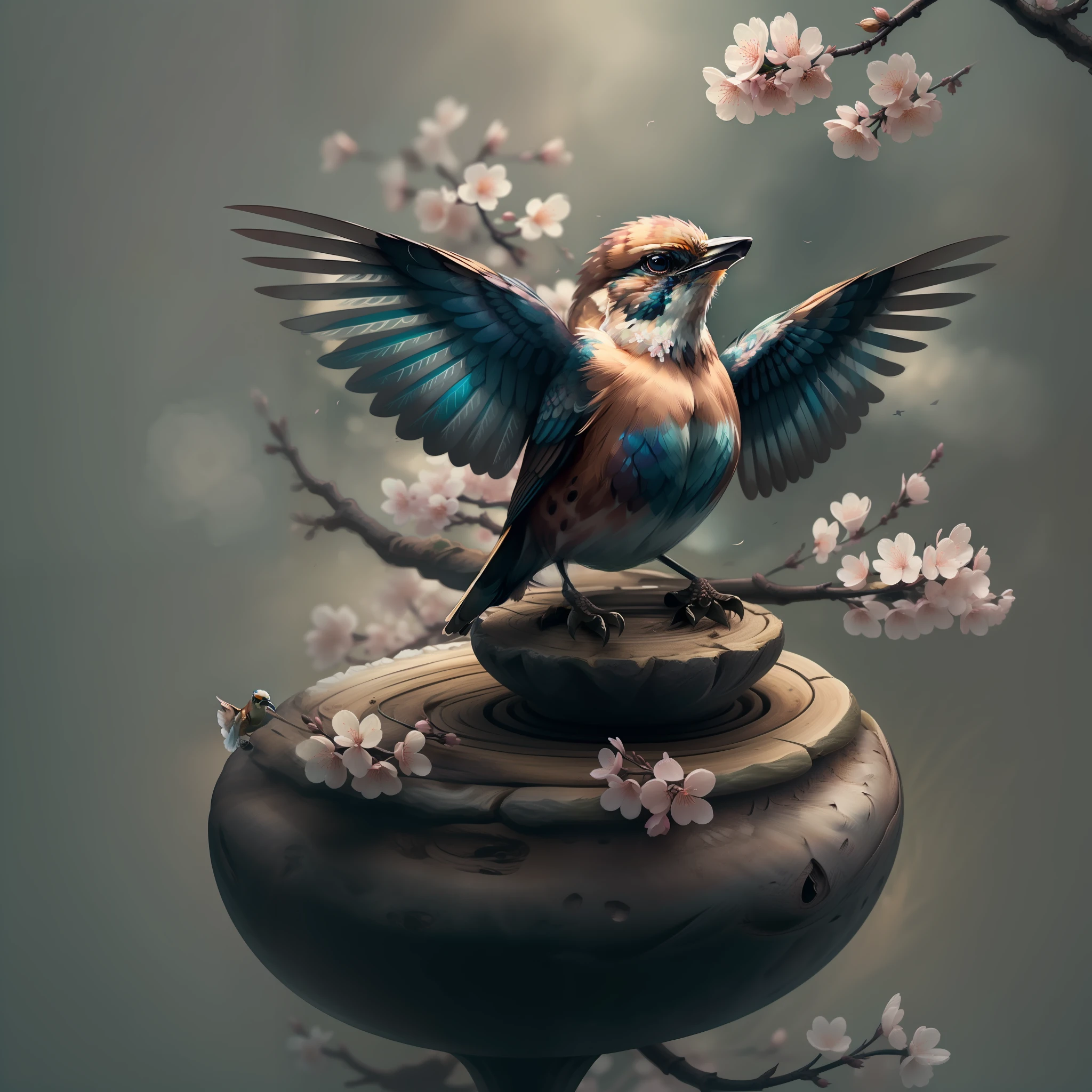 "1 Sparrow bird with open wings flying, cherry blossom, wings open, wings spread upwards, masterpiece of superior quality, officially beautiful art and aesthetics, realistic and detailed 8k, yang08k."