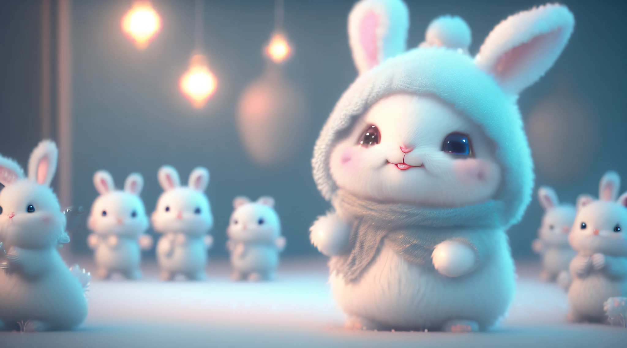 Cute cute rabbits waving and smiling hello to me, Unreal Engine, cozy interior lighting, art stations, detailed digital paintings, films, character designs by Mark Ryden and Pixar and Hayao Miyazaki, Unreal 5, DAZ, Surrealism, Octane rendering