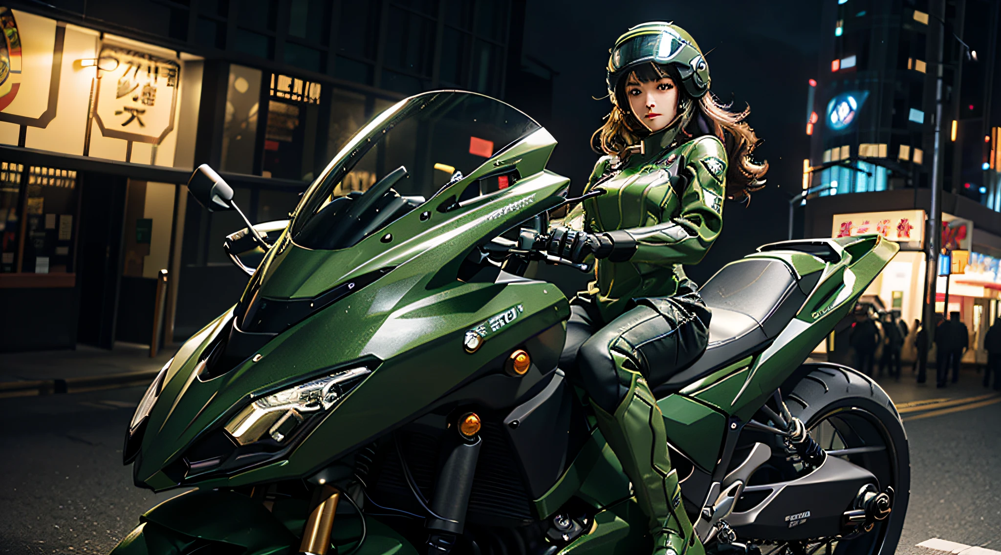 Highest image quality, outstanding details, ultra-high resolution, (realism: 1.4), the best illustration, favor details, highly condensed 1girl, with a delicate and beautiful face, dressed in a black and green mecha, wearing a mecha helmet, holding a directional controller, riding on a motorcycle, the background is a high-tech lighting scene of the future city.
