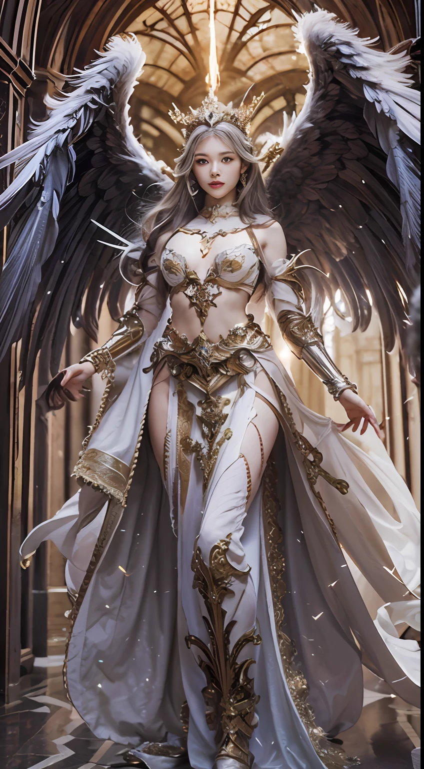 (8K,Best picture quality:1.2),(tmasterpiece:1.37),(photore,realisticlying:1.37),(超高分辨率),realisticlying,photographed,((Meticulous facial features)),(Valkyrie,holy paladin:0.6)Beautiful design,Shiny,huge tit,Slim body,(the angel's wings),complex,Korea(High quality background inside ruined church empty at night) , (high detal) , 电影灯光