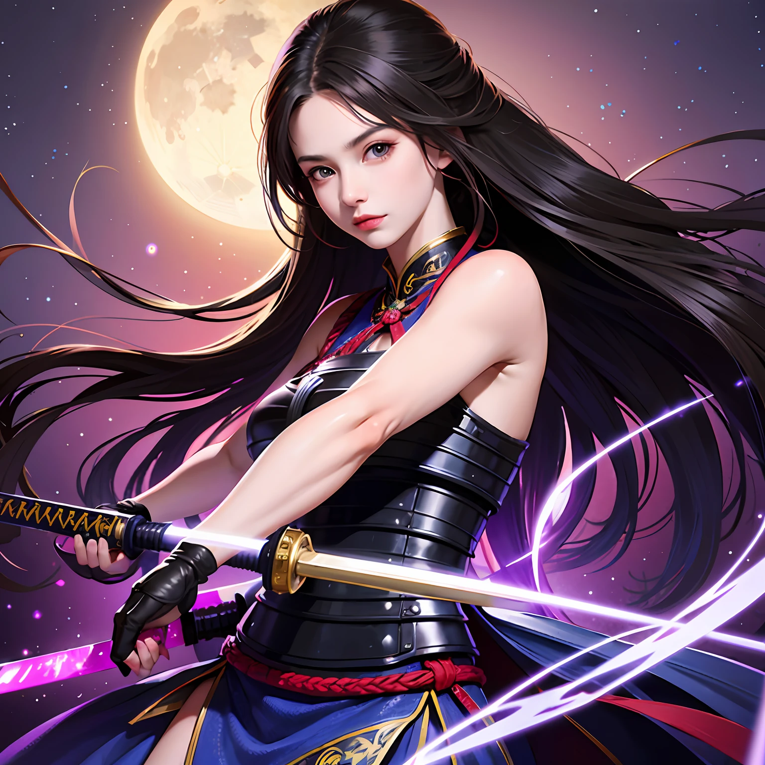 1 beautiful woman, japanese armor ,whole body,long hair, purple eyes ,moon ,holding a Japanese katana, fighting pose, realistic, dark night, cool face