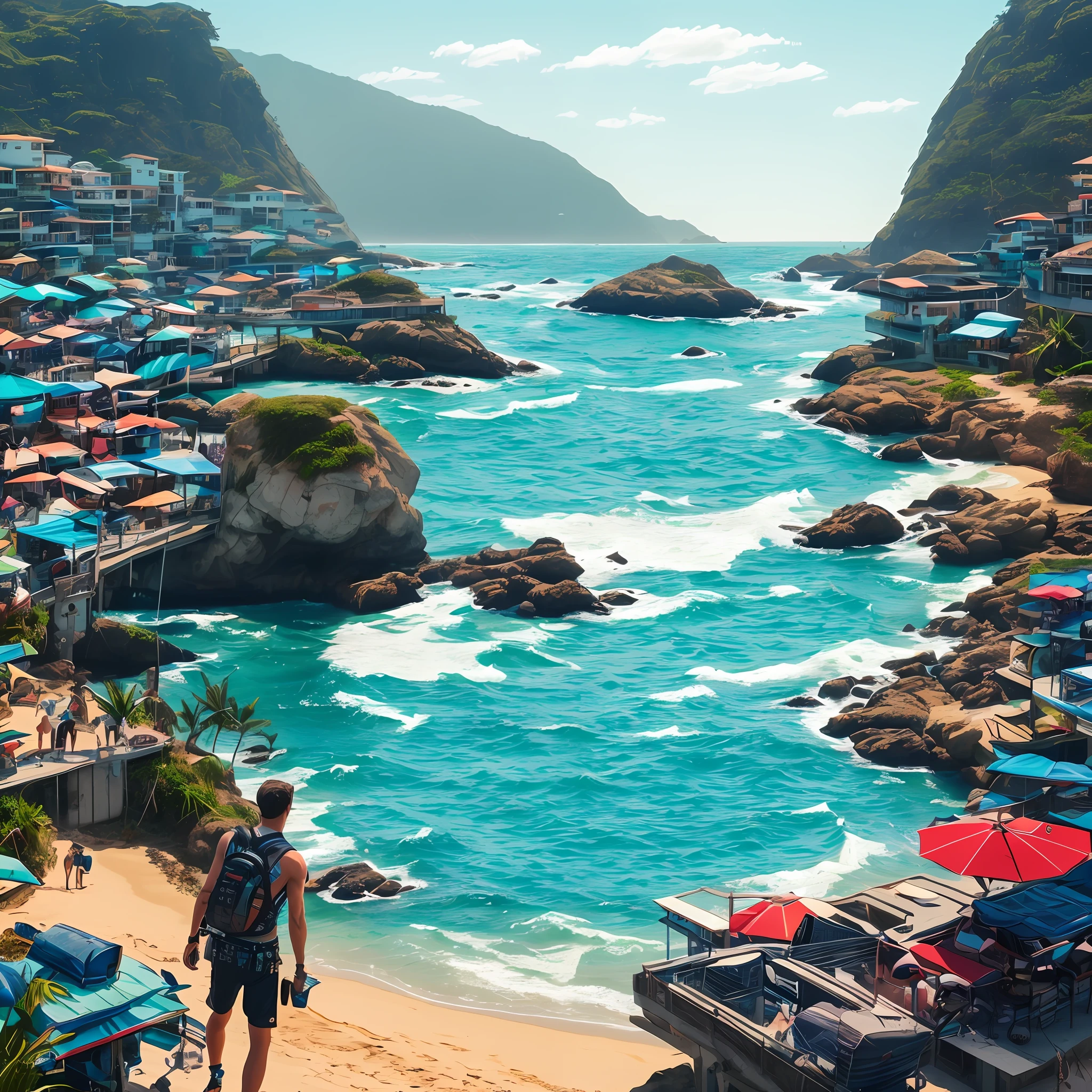 Uma praia com um mar bonito personagem perfeito detalhes cyberpunk --auto