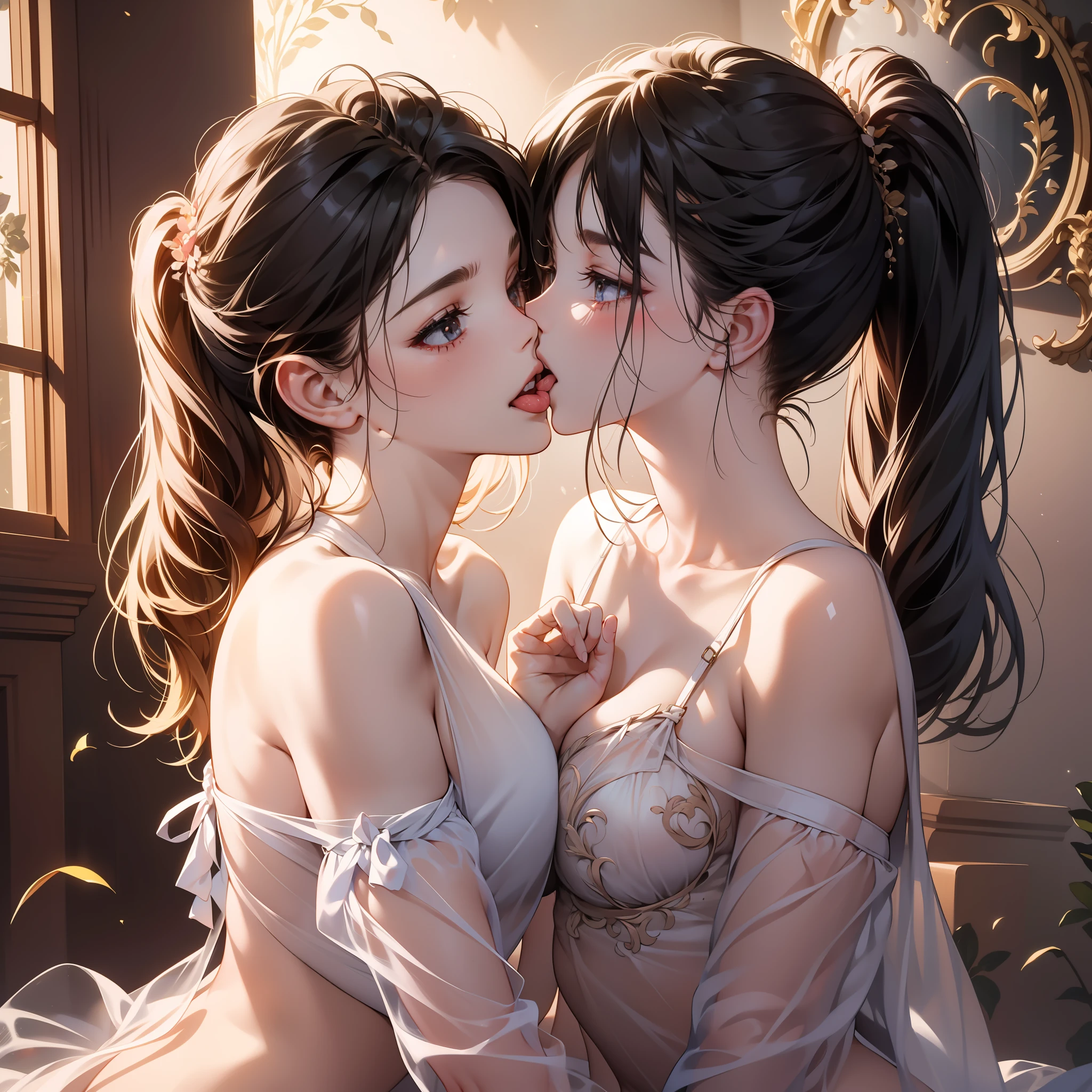Young girl, Off-the-shoulder (naked:1.4), Spats (see-through lingerie:1.3), (Blushing:1.0), Contemptuous, Detailed face, twintails, lesbian, kiss, kissing, tongue, yuri