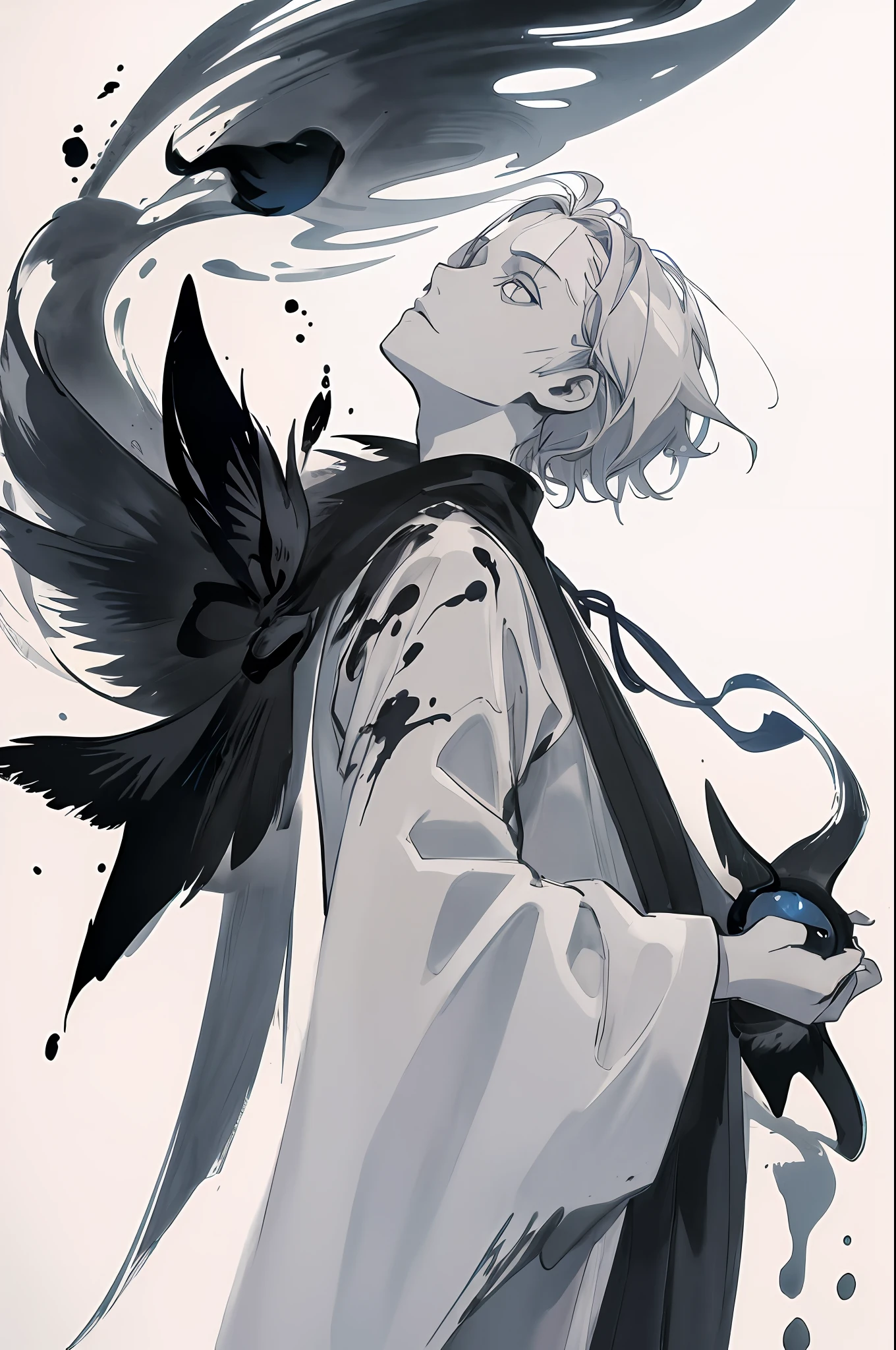 zydink, ink sketch, (best quality, masterpiece:1.3),1boy,
silver hair, bright pupils, short hair, hair slicked back, floating hair, black robe, expressionless,
(abstract ink splash:1.2) ,He held the glowing blue bird in one hand, He looked up at the sky, flames surrounded him body,