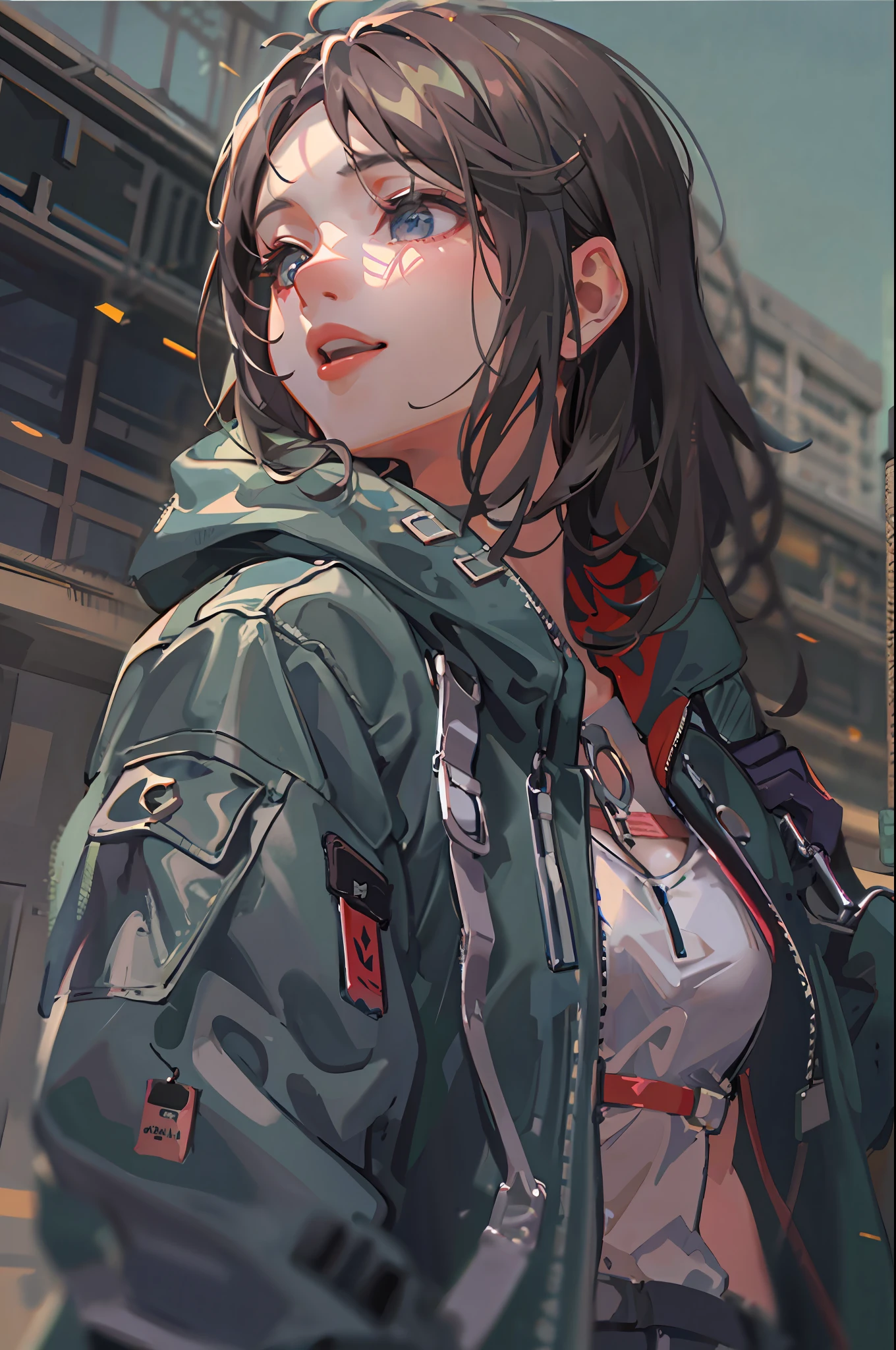 1girl in, jaket, Sateen, plein air, parka, Open jacket, chain, rucksack, Look at another one, hair messy, Trending on ArtStation, 8K分辨率, Highly detailed and anatomically correct, Sharp Images, digitial painting, concept-art, trending on pixiv, style of makoto shinkai,a miniskirt、Glance at the buttocks、