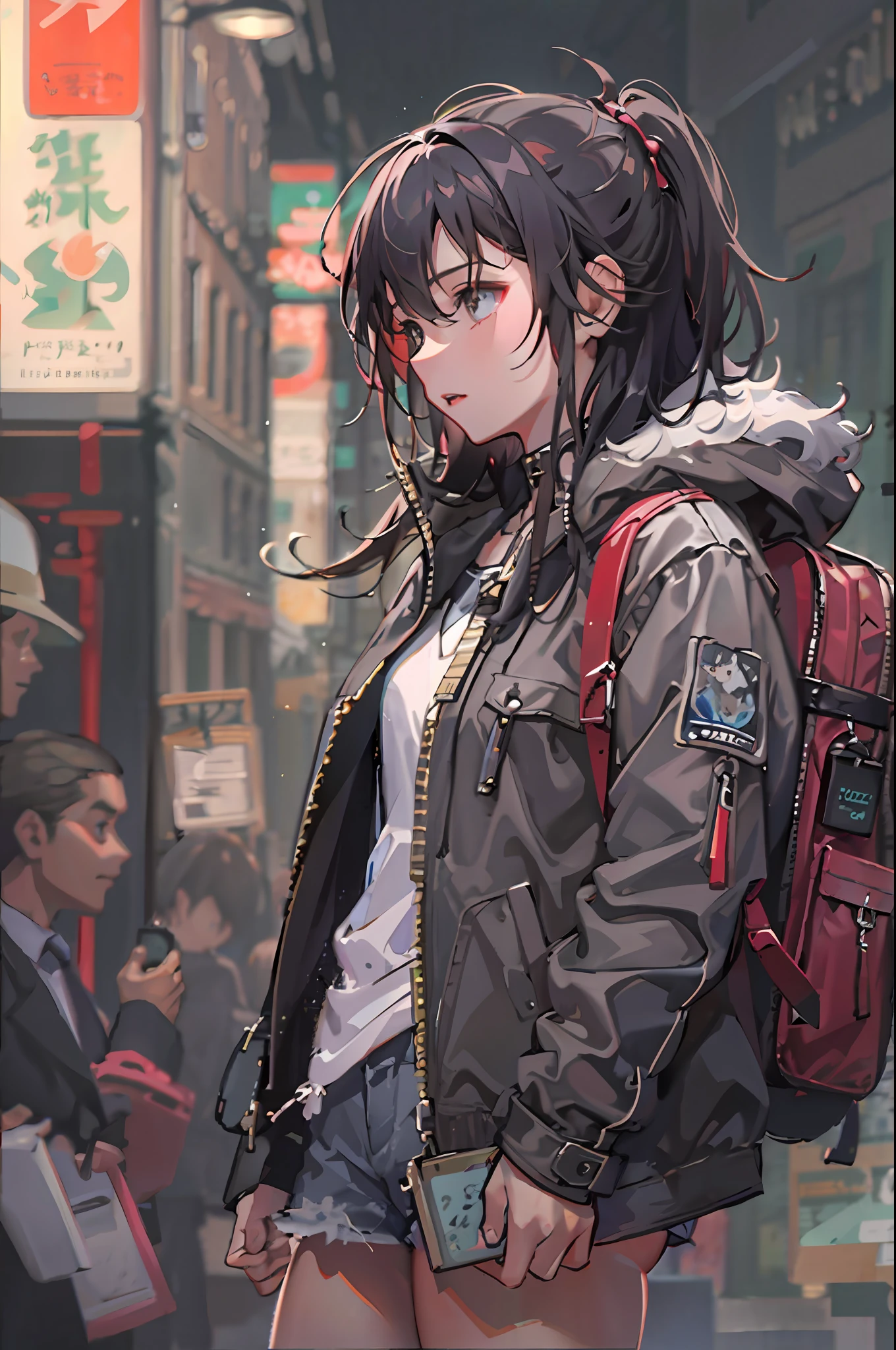 1girl in, jaket, Sateen, plein air, parka, Open jacket, chain, rucksack, Look at another one, hair messy, Trending on ArtStation, 8K分辨率, Highly detailed and anatomically correct, Sharp Images, digitial painting, concept-art, trending on pixiv, style of makoto shinkai,a miniskirt、Glance at the buttocks、