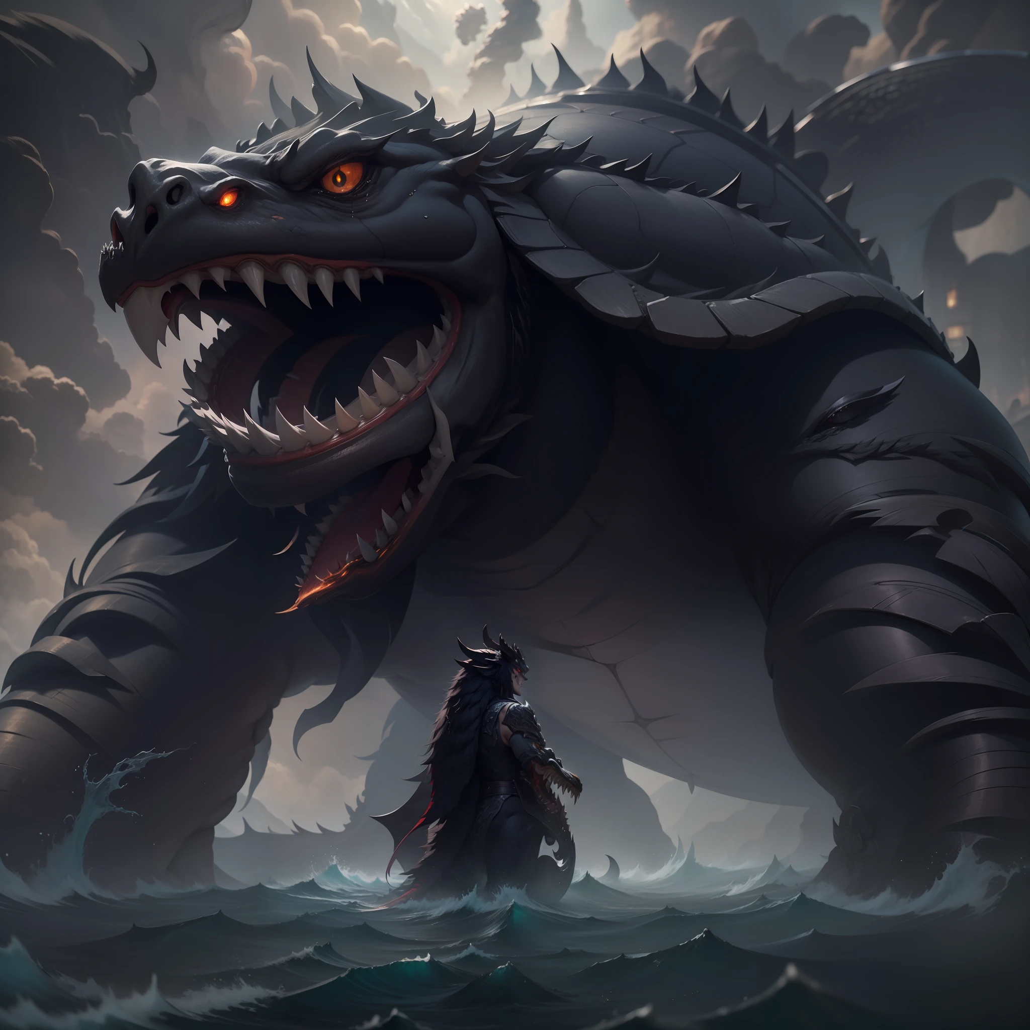 black hair, tears, evil smile, anime, cinematic lighting, motion blur, move chart, pov, Hyperrealism, UHD, masterpiece,Chinese mythical beast,Xuanwu,Giant black turtle,mythological beasts