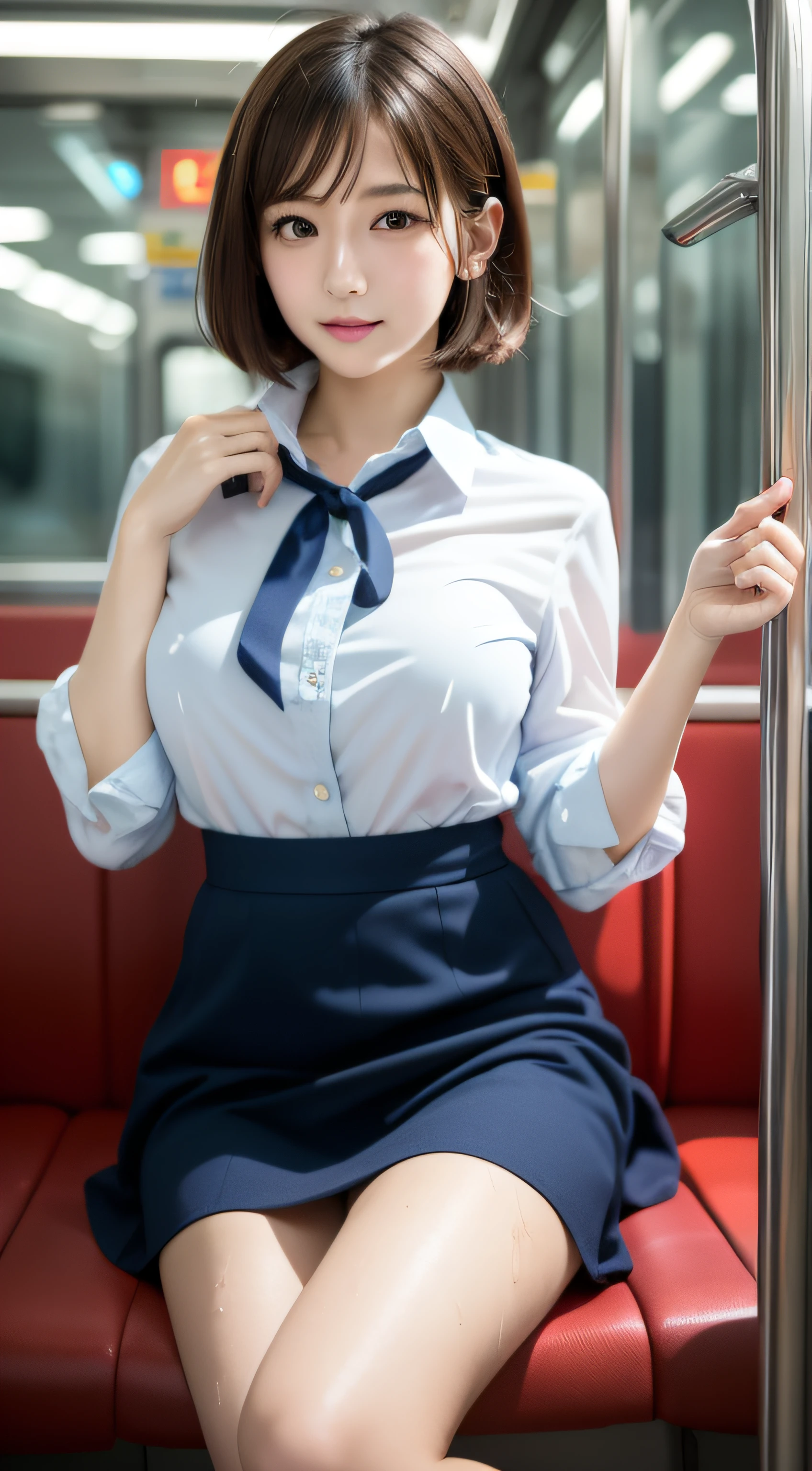 8K、japanaese girl、 girl、High schol Shorthair、A dark-haired、bangss、Brown-eyed、with round face、Perfect figure、Transparency、The sheen、Gloss、discreet breasts、校服、Navy blue ribbon、Light blue shirt、Navy blue skirt、Loose Socks、Guangyue、Burning Body、hposing Gravure Idol、on train、Beautiful feet、Strong sunshine、Odious、Rain-drenched body、女優、Pose Gravure Idol、乃木坂アイドル、韓国アイドル