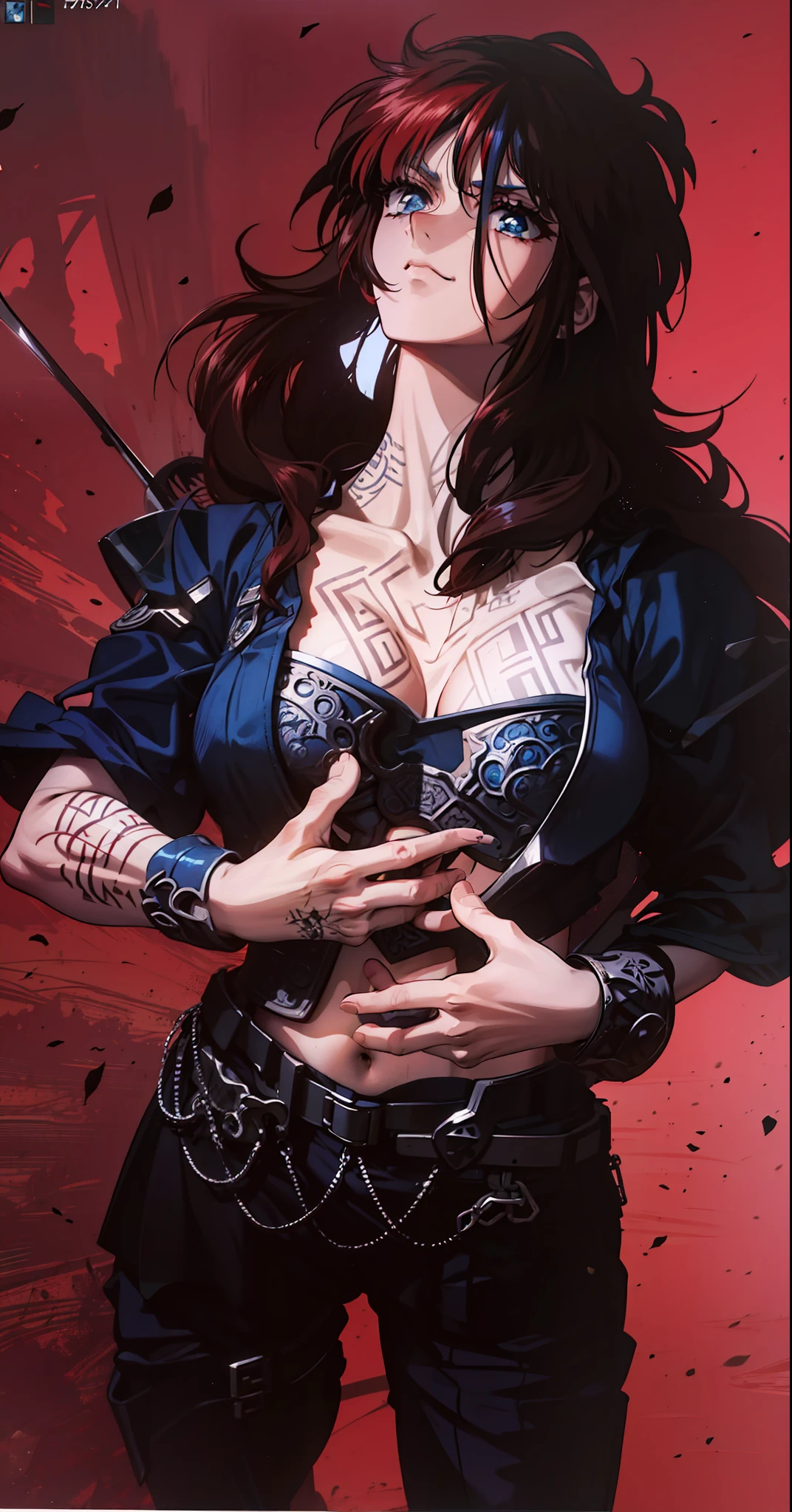 Boadicea, red-haired Viking warrior with Nordic armor and rune tattoos on her body and blooming blue eyes holding an axe, 4k