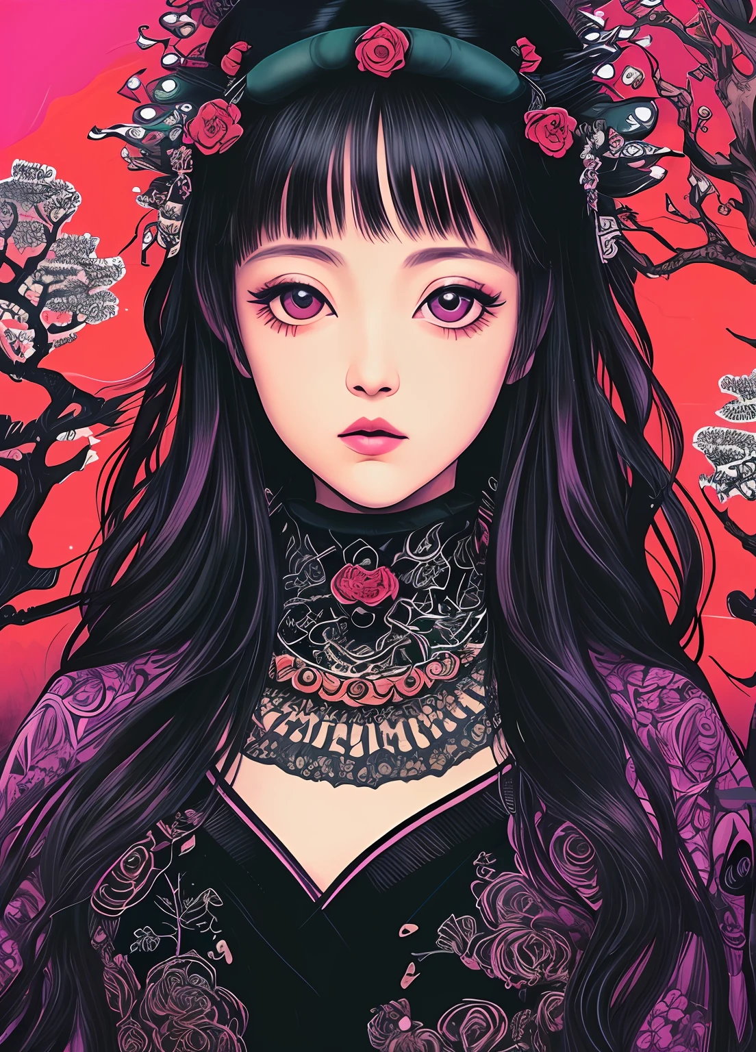 (by Yuko Higuchi:1.4)，Higuchi Yuko, (by Yoh:1.2), (masterpiece, best quality, offcial art,Beauty and aesthetics:1.2), (ultra-detailed), finely detail, best illustration, hand drawn high quality,(High contrast), (clean lines:1.3),(lineart), line drawing, (Intricate lines), ligne claire,fractal art,pen drawing,ukiyo-e style,(portrait,above the chest,extremely close-up:1.1), goth girl, little girl, (she is surrounded by dead trees:1.1), big eyes, (wavy air), Wraparound composition, flat chest, mysterious night, (Intricate details),(detailed background:1.2),(colorful), High Resolution, synthwave, glamorous, hard rock, glam metal,